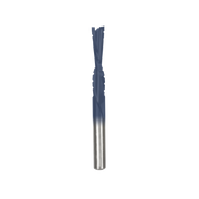 Blue and silver spiral drill bit with fluted cutting edges and metallic shaft.