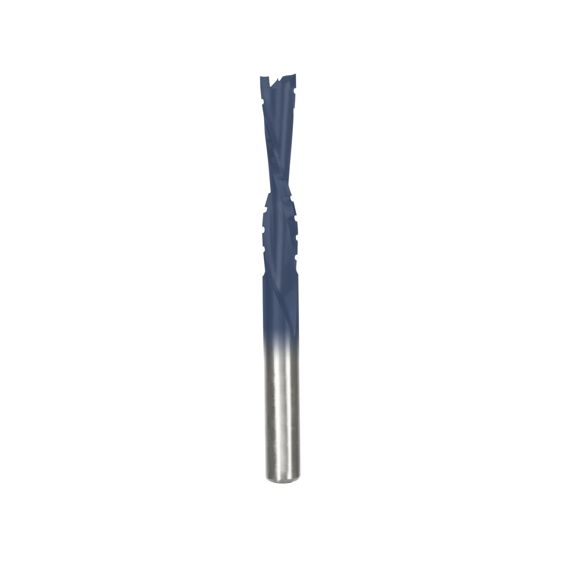Blue and silver spiral drill bit with fluted cutting edges and metallic shaft.