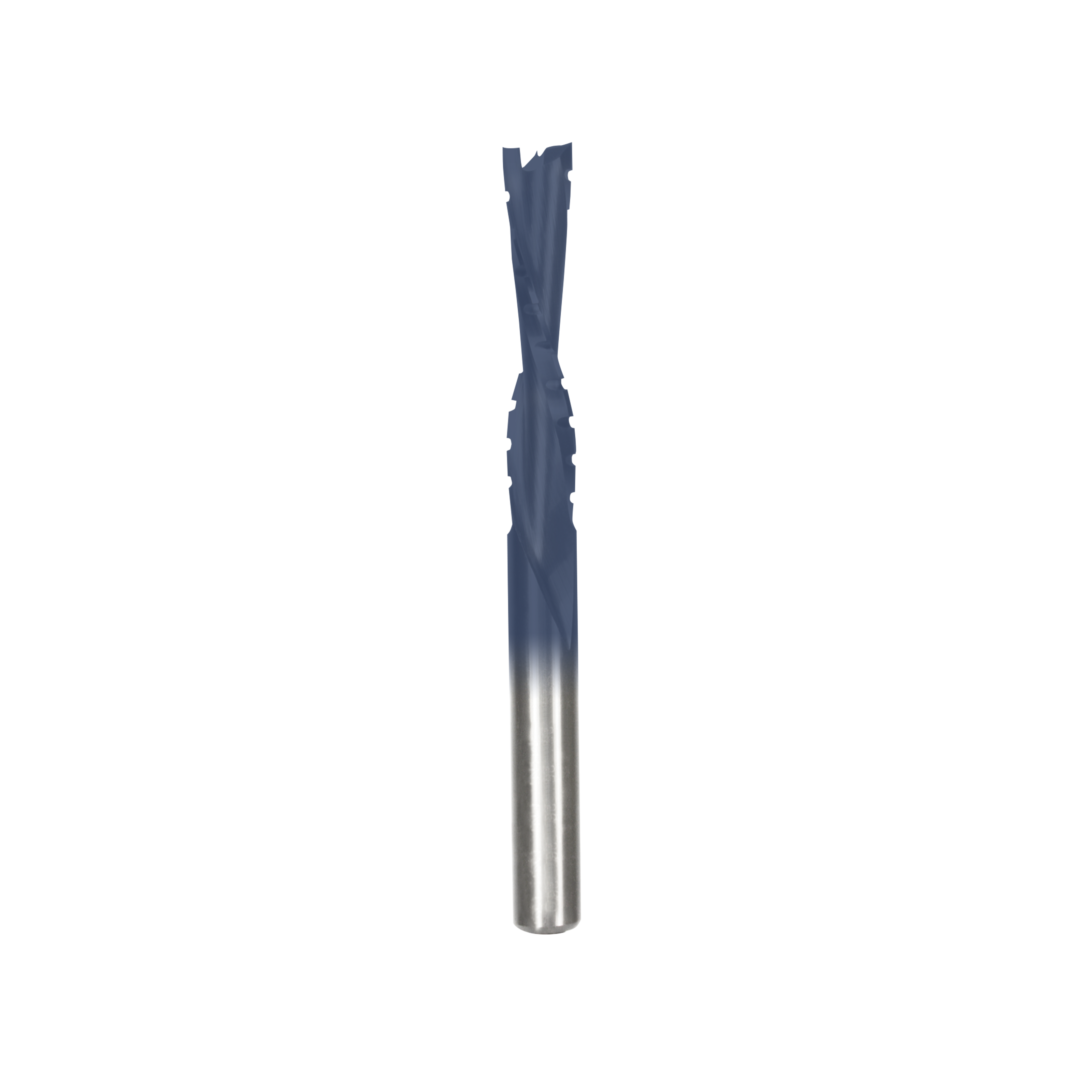 Blue and silver spiral drill bit with fluted cutting edges and metallic shaft.
