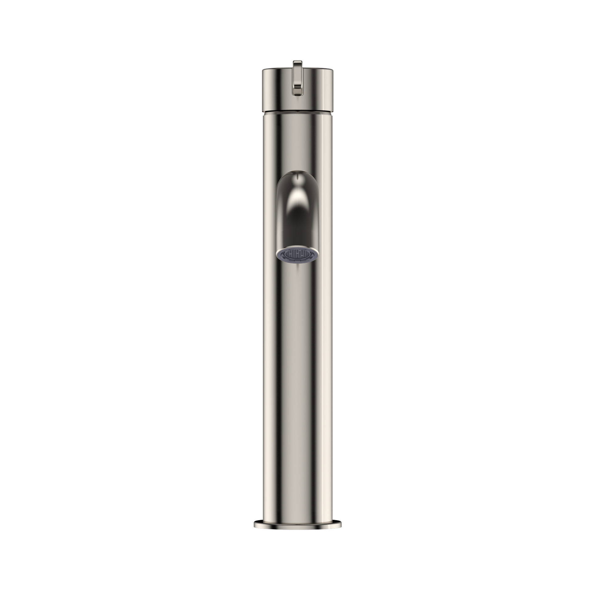 Polished nickel single-handle tall bathroom faucet with cylindrical body and integrated spray head.