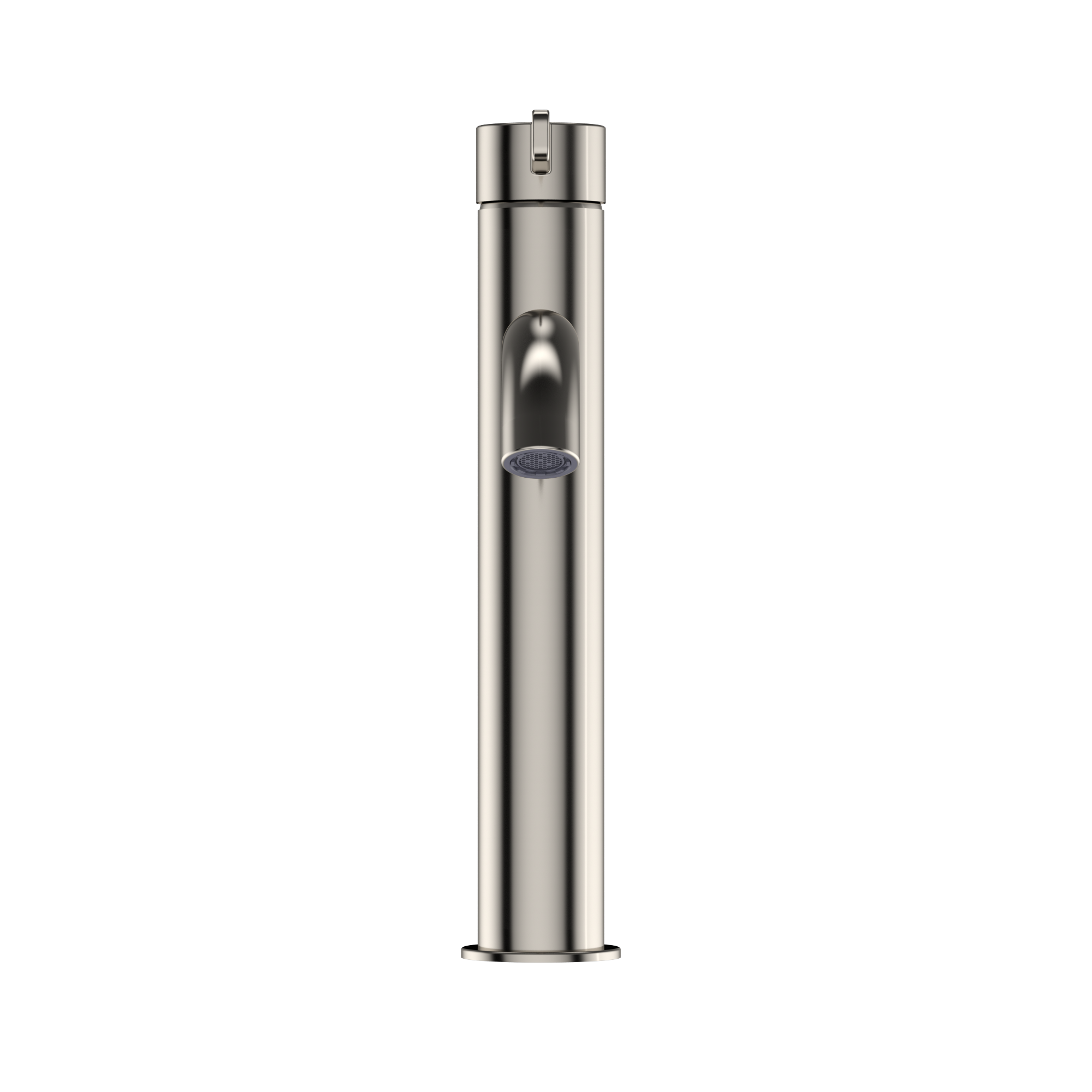 Polished nickel single-handle tall bathroom faucet with cylindrical body and integrated spray head.
