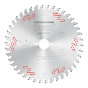 Circular saw blade with multiple carbide teeth, central mounting hole, and red wavy markings around the perimeter.