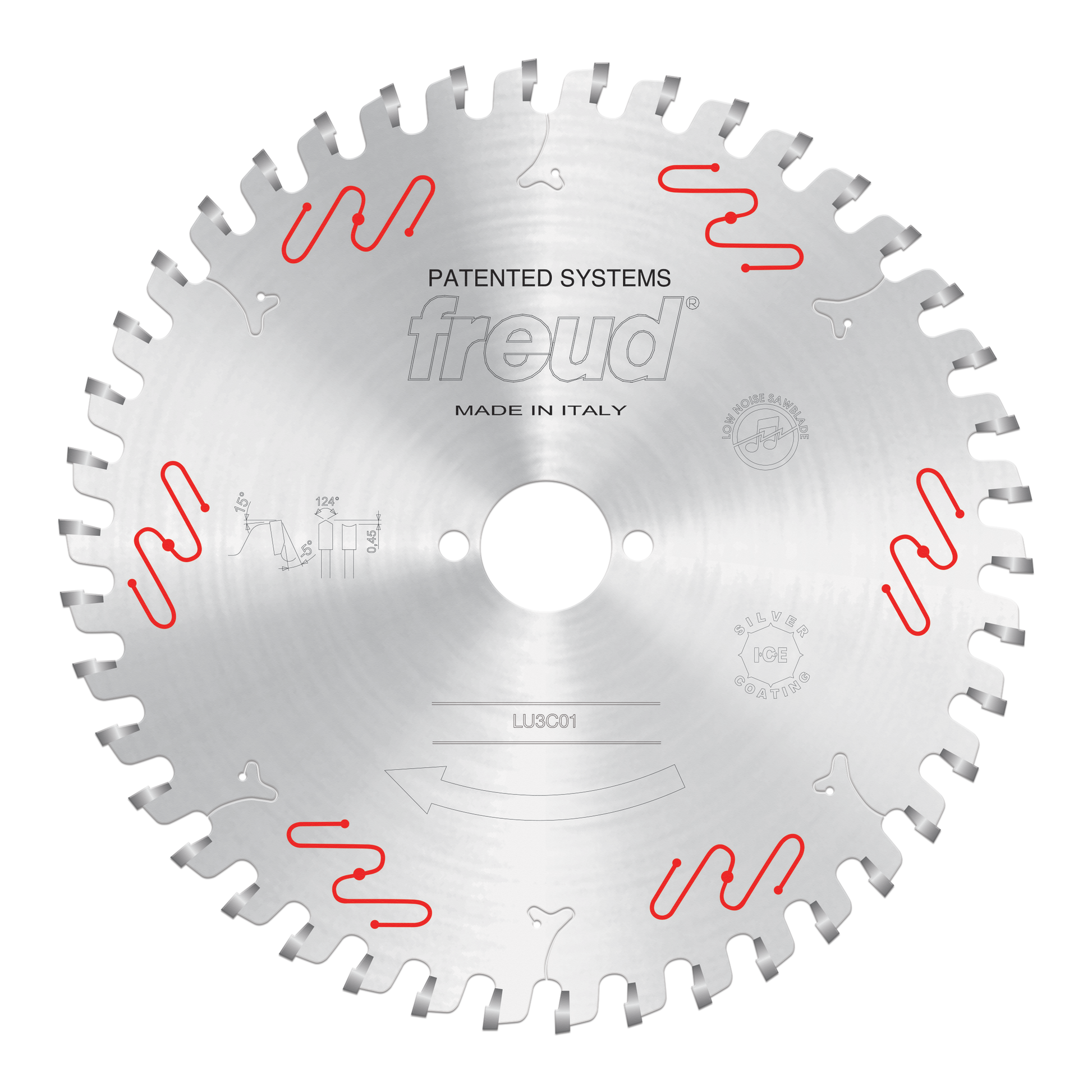 Circular saw blade with multiple carbide teeth, central mounting hole, and red wavy markings around the perimeter.