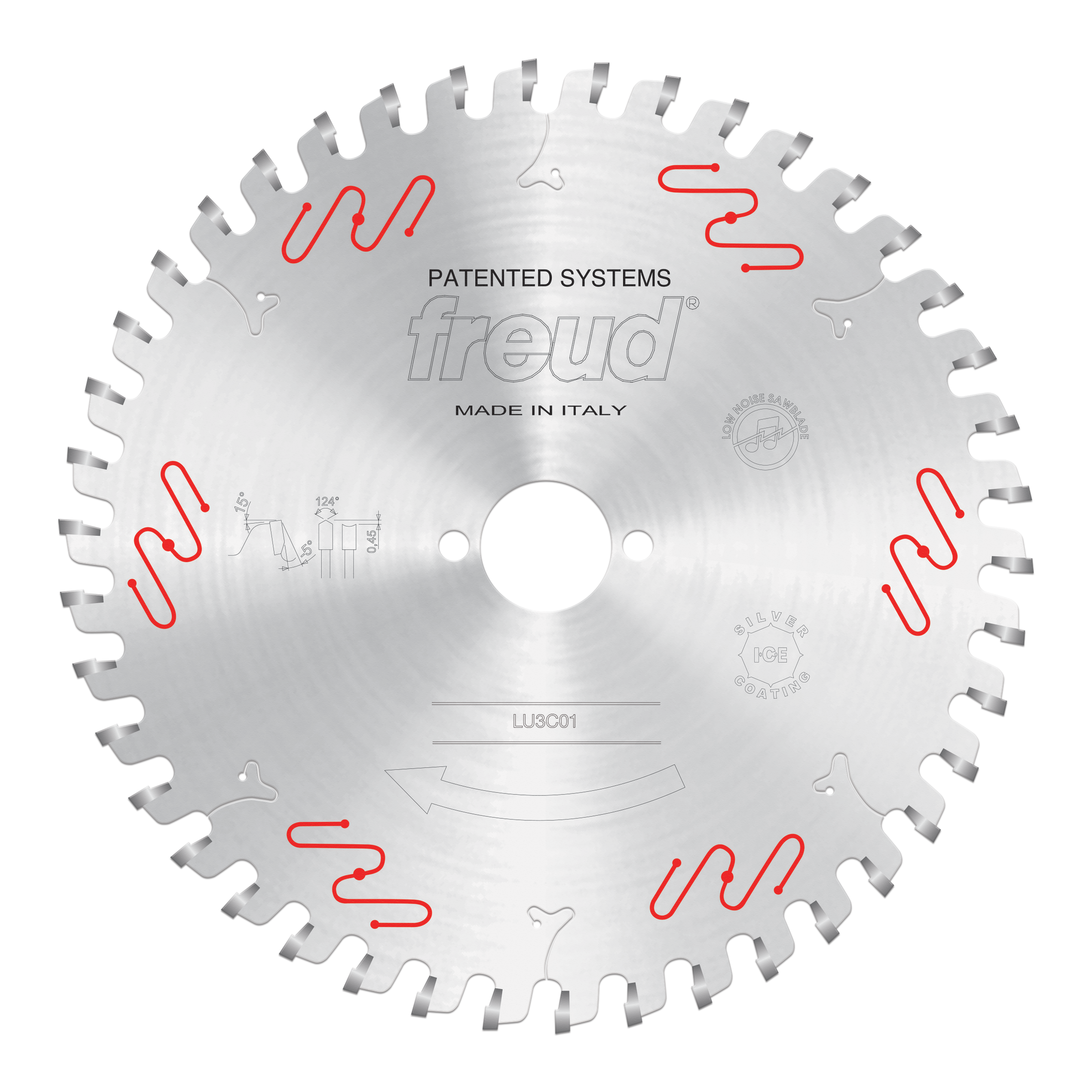 Circular saw blade with multiple carbide teeth, central mounting hole, and red wavy markings around the perimeter.