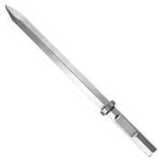 Metal chisel with pointed bull nose tip and hexagonal shaft with collar band.