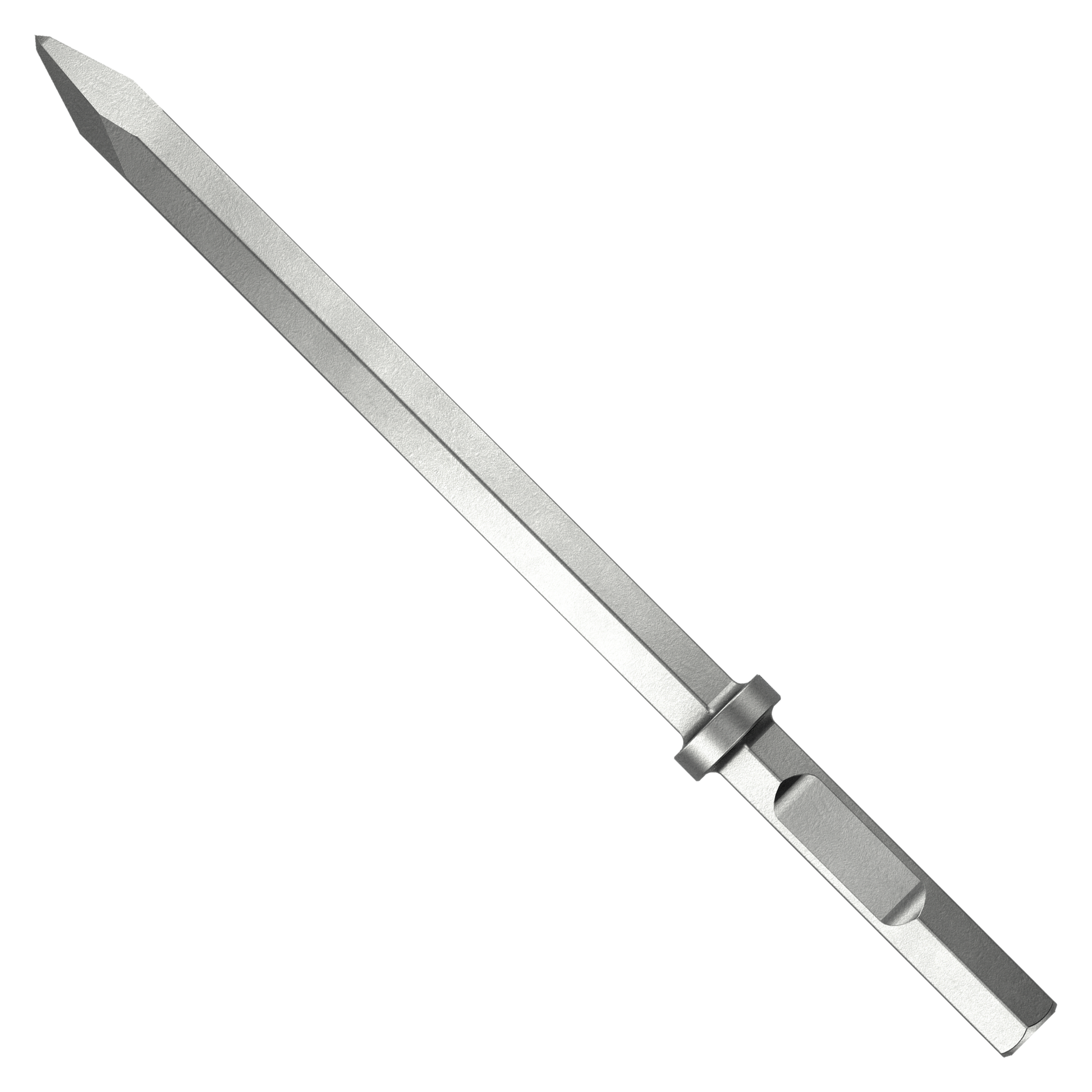 Metal chisel with pointed bull nose tip and hexagonal shaft with collar band.
