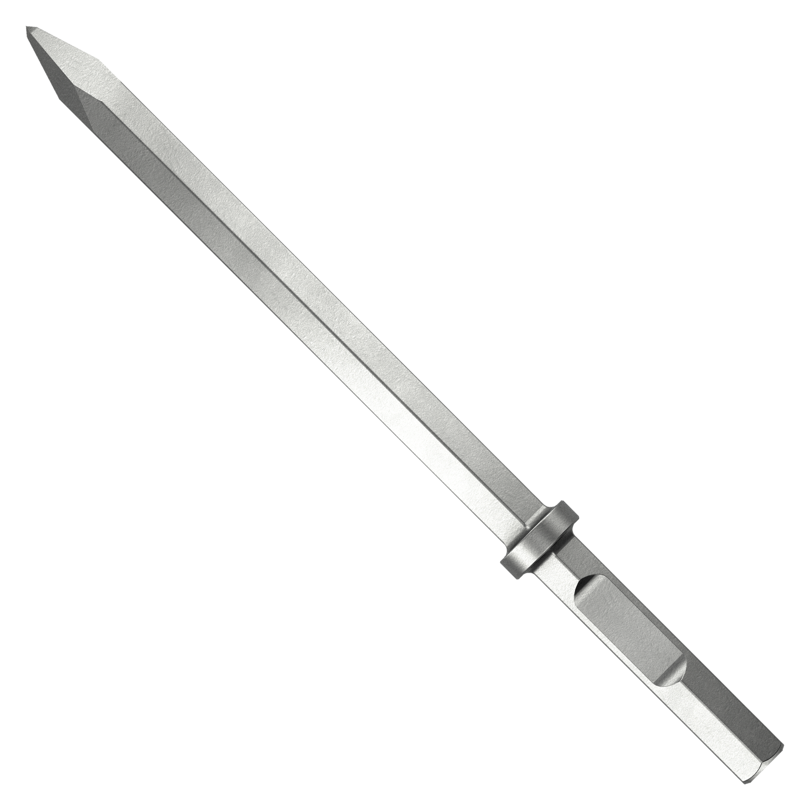 Metal chisel with pointed bull nose tip and hexagonal shaft with collar band.