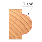 Wood cutter with R 1/4" concave radius profile shown in cross-section with red outline on wooden sample.