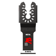 Black bi-metal oscillating blade with serrated cutting edge and universal fit mounting head for metal cutting.