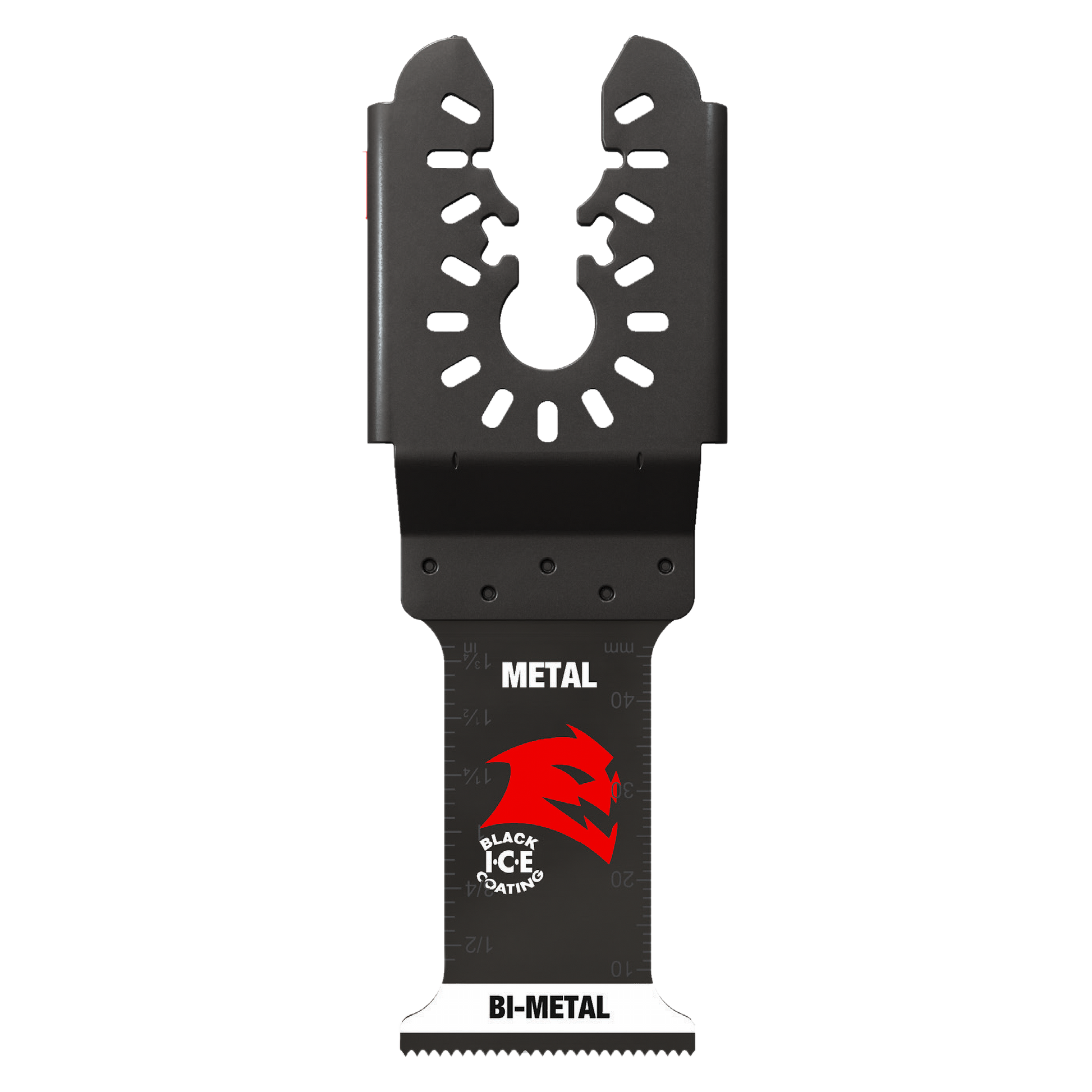 Black bi-metal oscillating blade with serrated cutting edge and universal fit mounting for metal cutting.