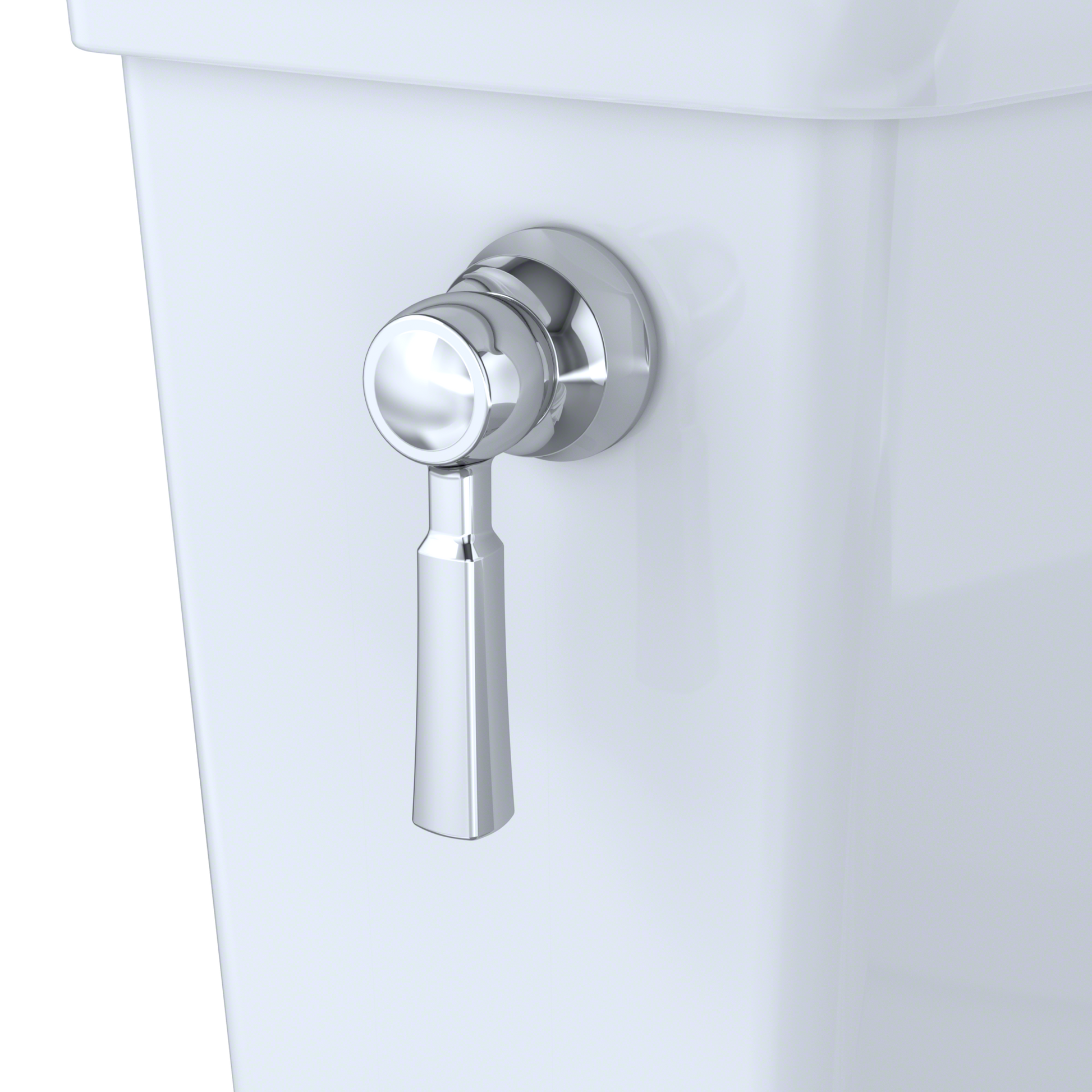 Chrome flush lever mounted on white porcelain toilet tank.