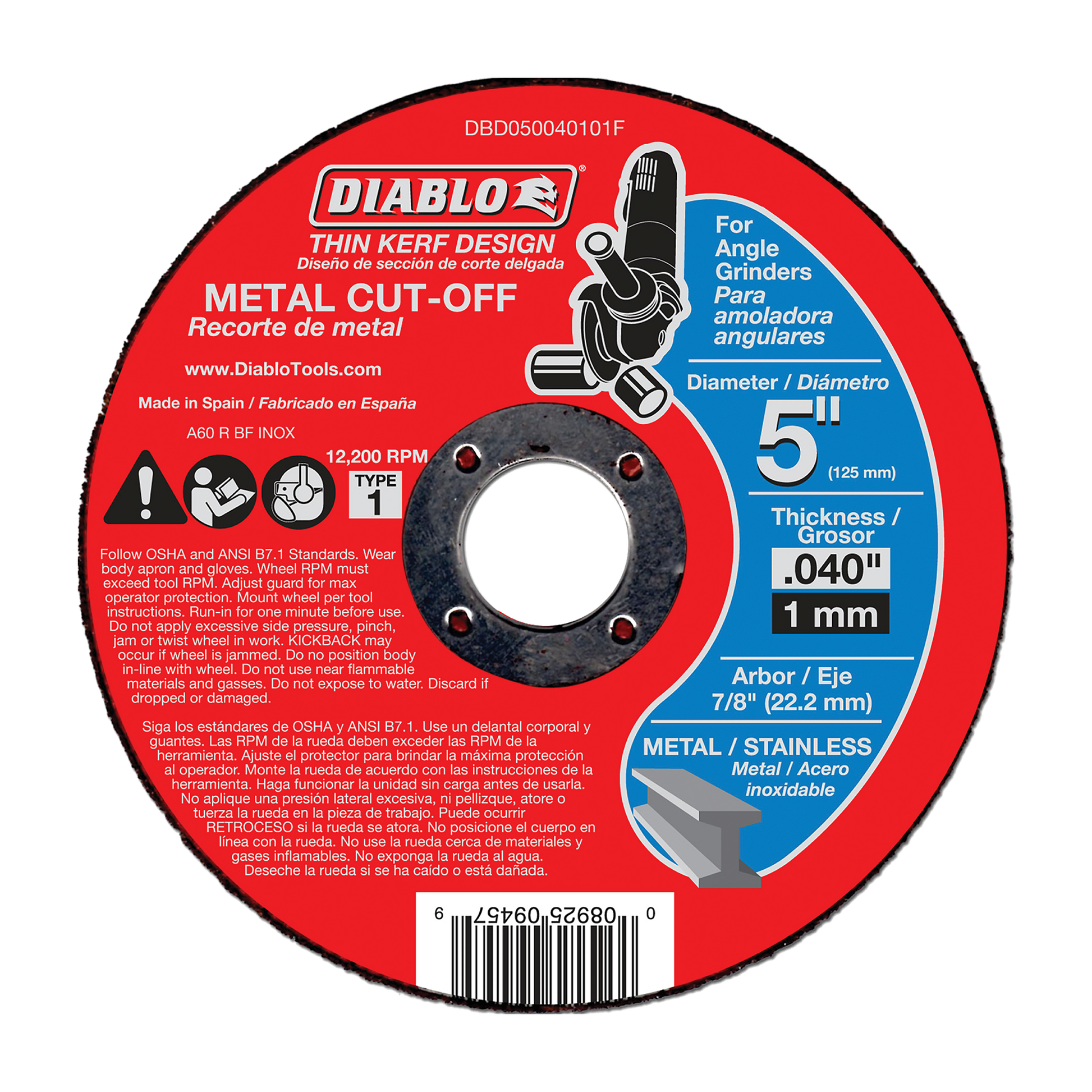 Red circular metal cut-off disc with thin kerf design, 5 inch diameter, labeled for use with angle grinders.