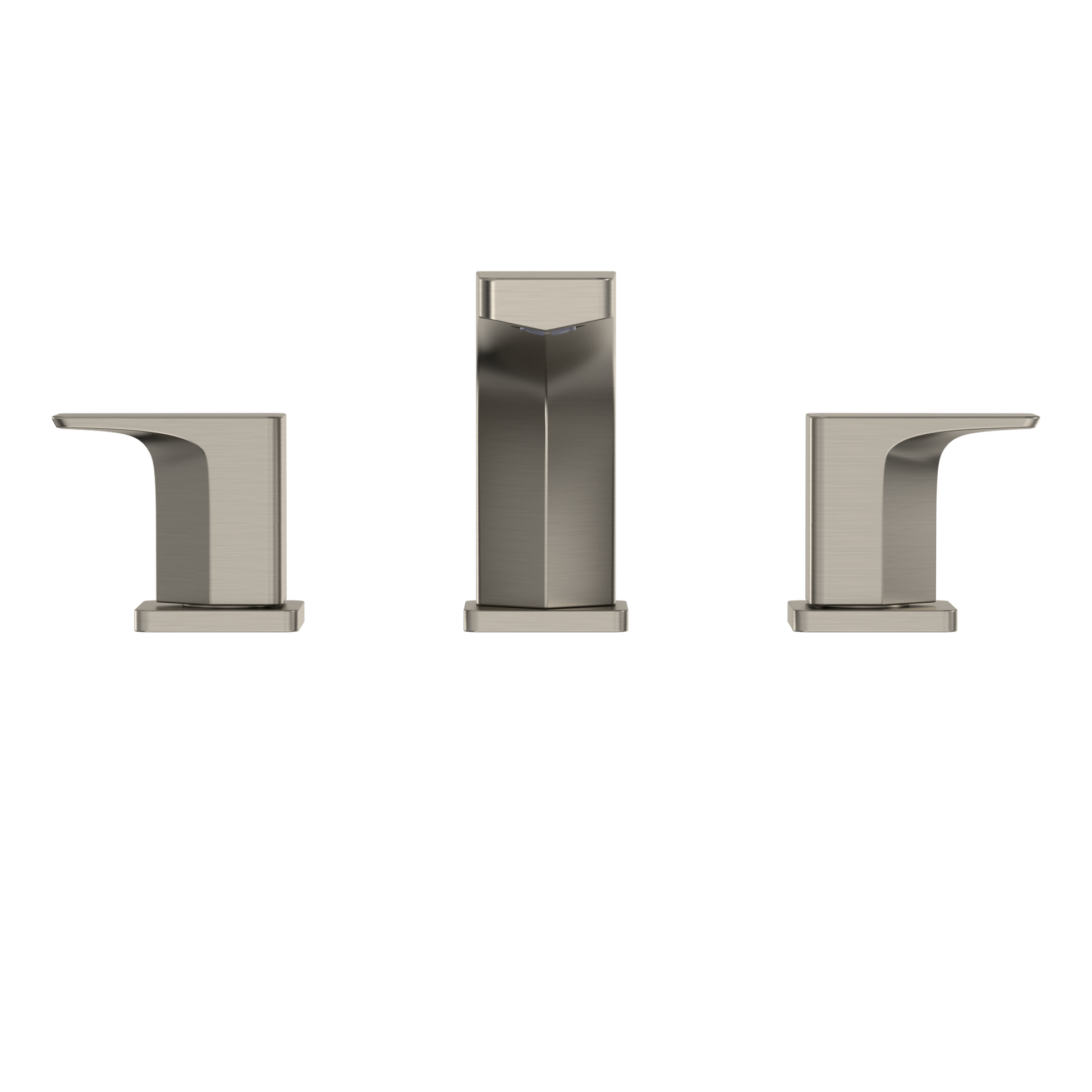 Brushed nickel two-handle roman tub filler trim with center spout and square handles mounted on base plates.