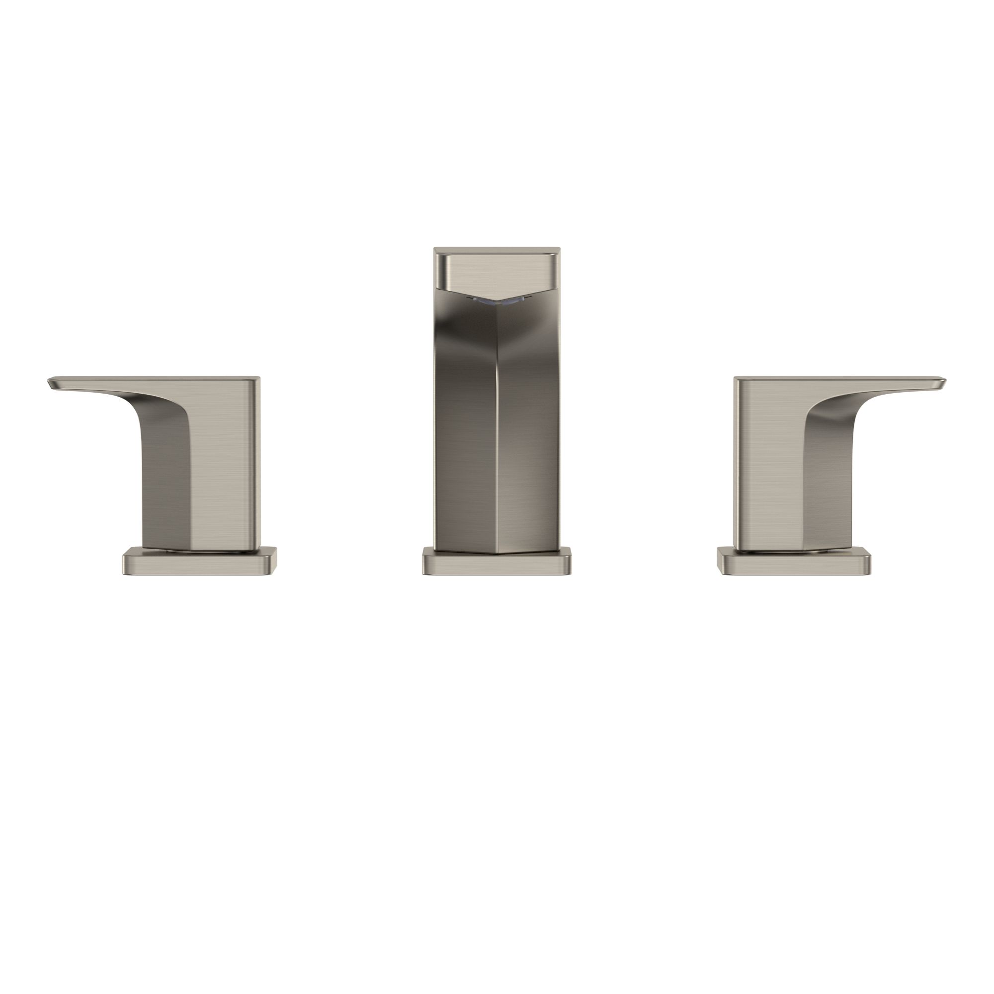 Brushed nickel two-handle roman tub filler trim with center spout and square handles mounted on base plates.
