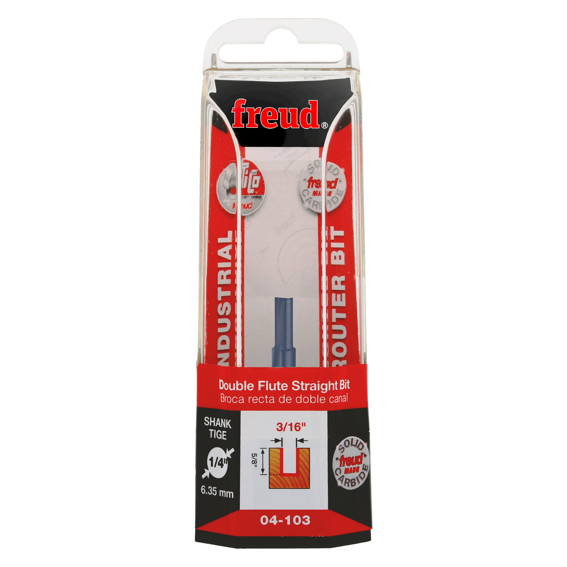 Freud 04-103 3/16" double flute straight router bit with 1/4" shank in retail packaging.
