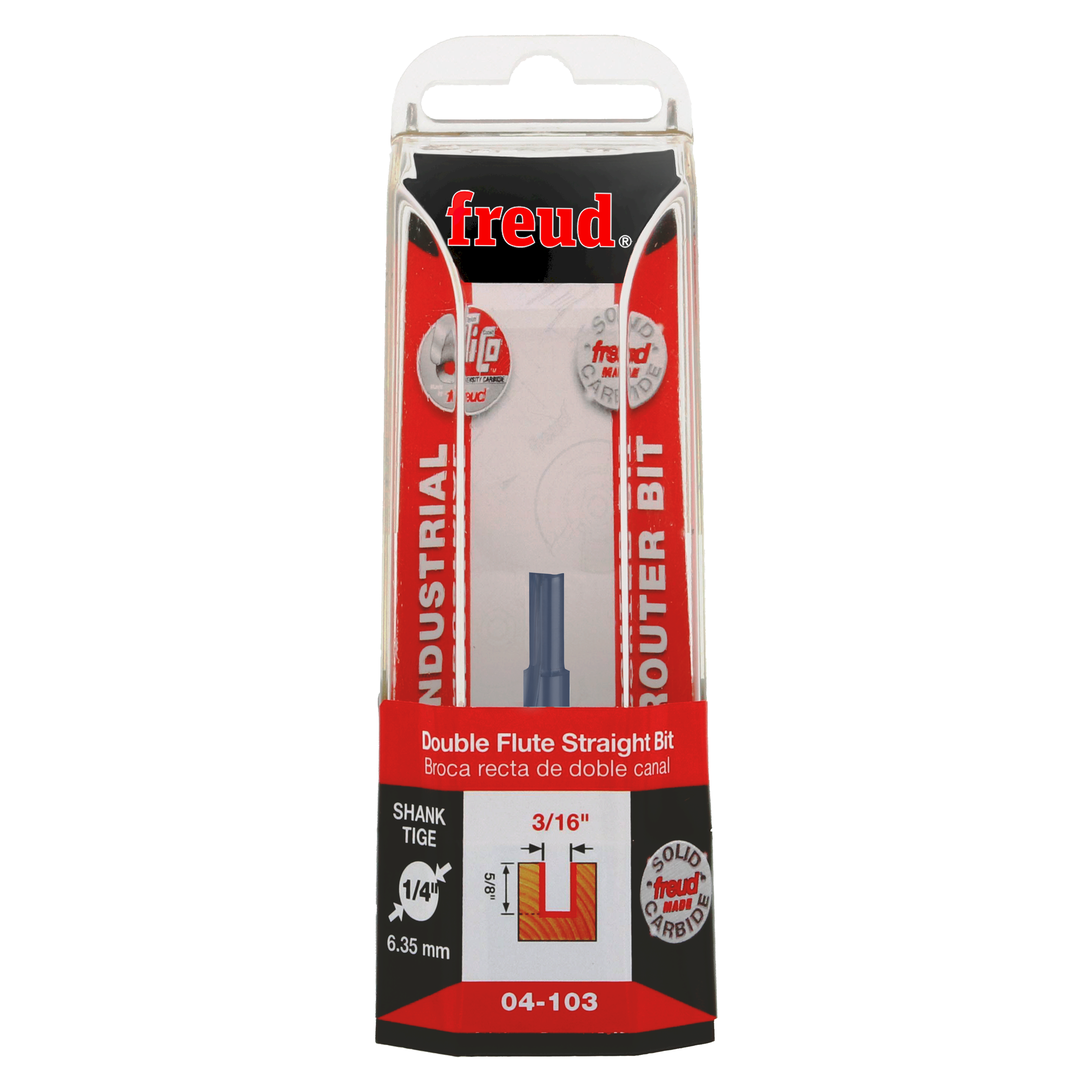 Freud 04-103 3/16" double flute straight router bit with 1/4" shank in retail packaging.