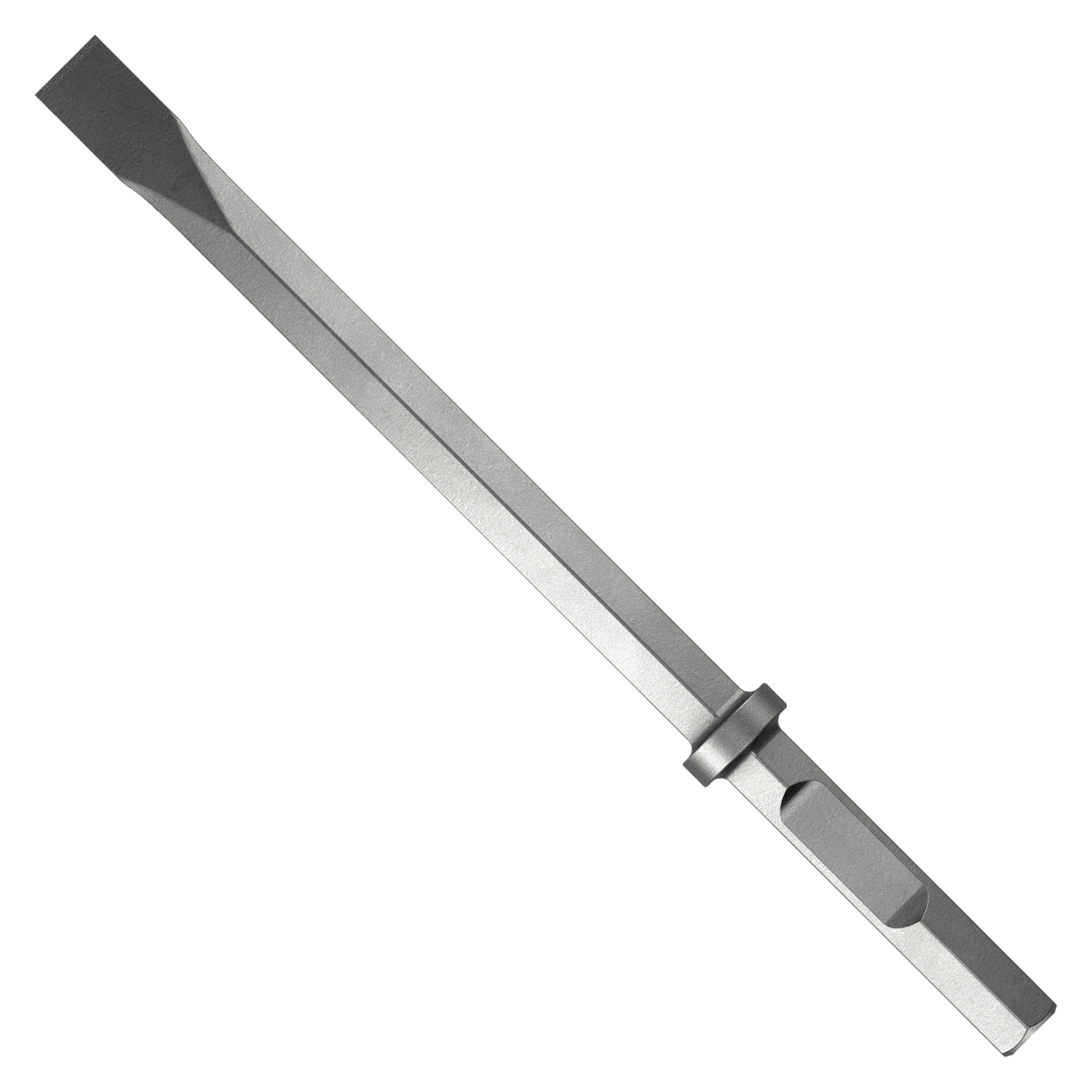 Metal hex narrow chisel with dark tip and silver shaft, featuring a collar band near the handle end.