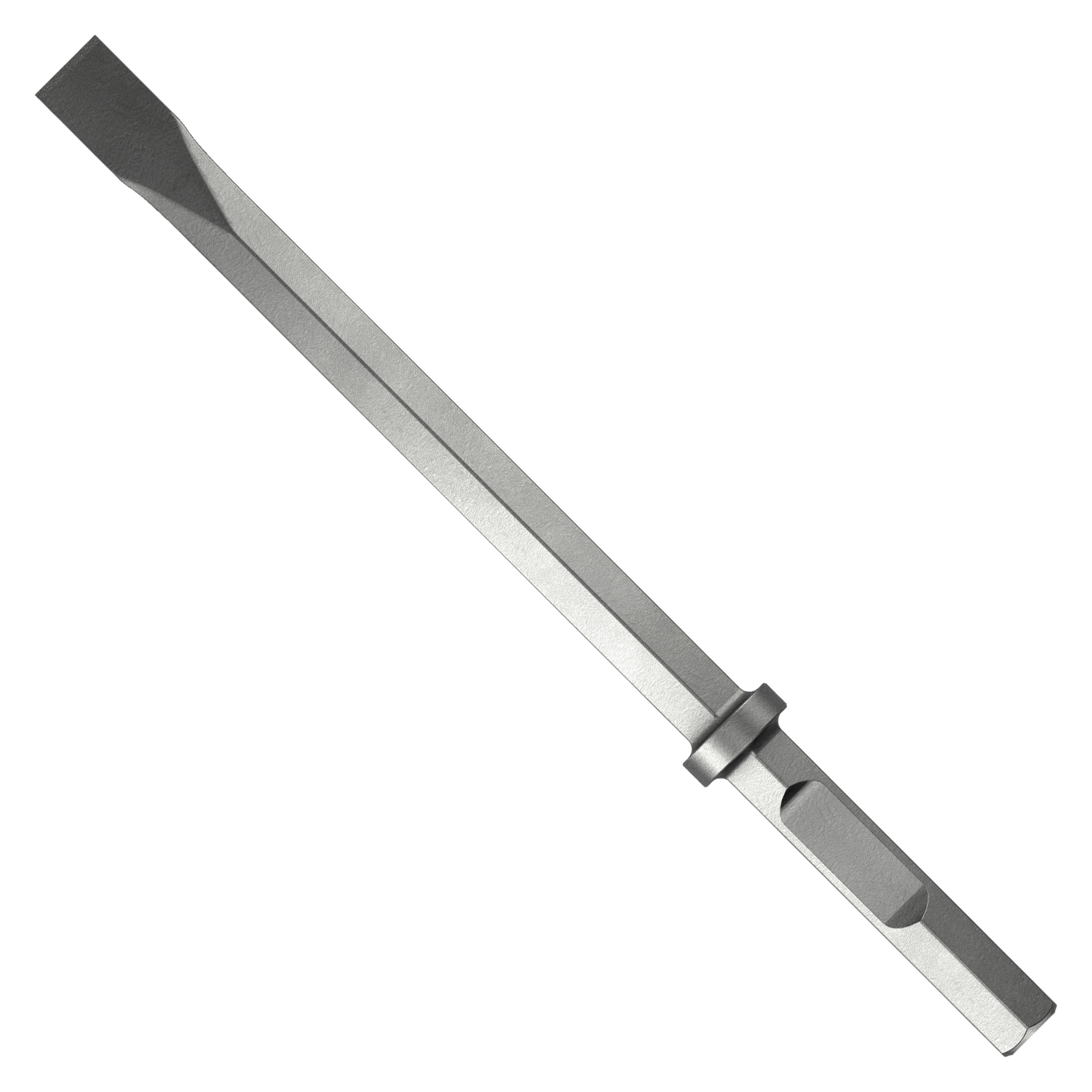 Metal hex narrow chisel with dark tip and silver shaft, featuring a collar band near the handle end.