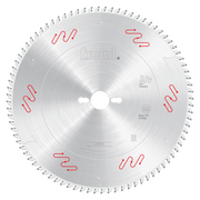 Silver circular saw blade with multiple small teeth around the perimeter, central arbor hole, and red vibration-dampening mar
