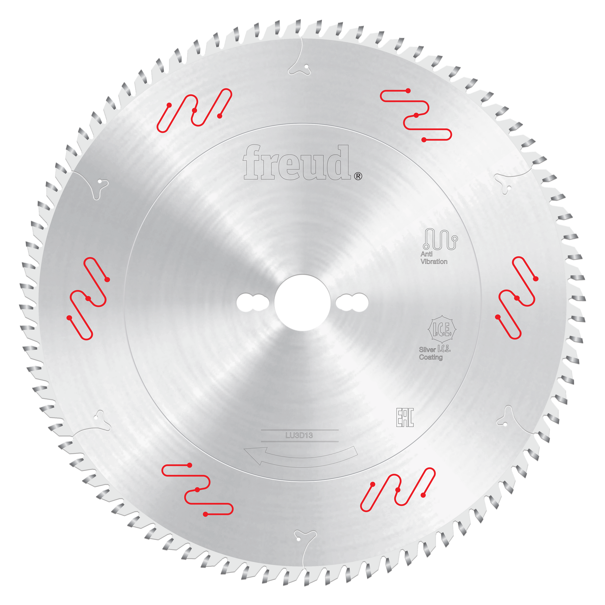 Silver circular saw blade with multiple small teeth around the perimeter, central arbor hole, and red vibration-dampening mar