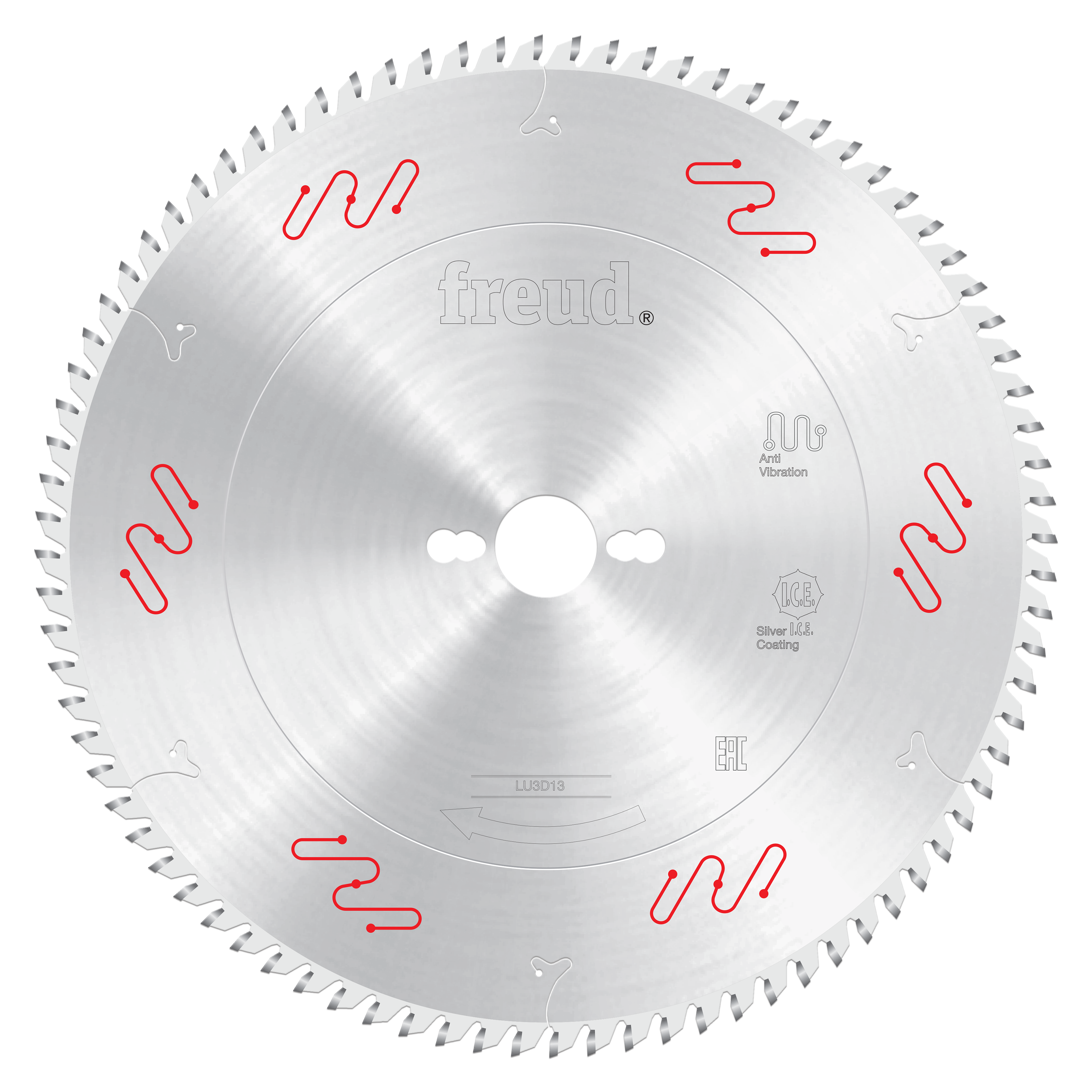 Silver circular saw blade with multiple small teeth around the perimeter, central arbor hole, and red vibration-dampening mar
