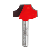 Red and black router bit with rounded ovolo cutting head and silver metal shank marked with Freud branding.