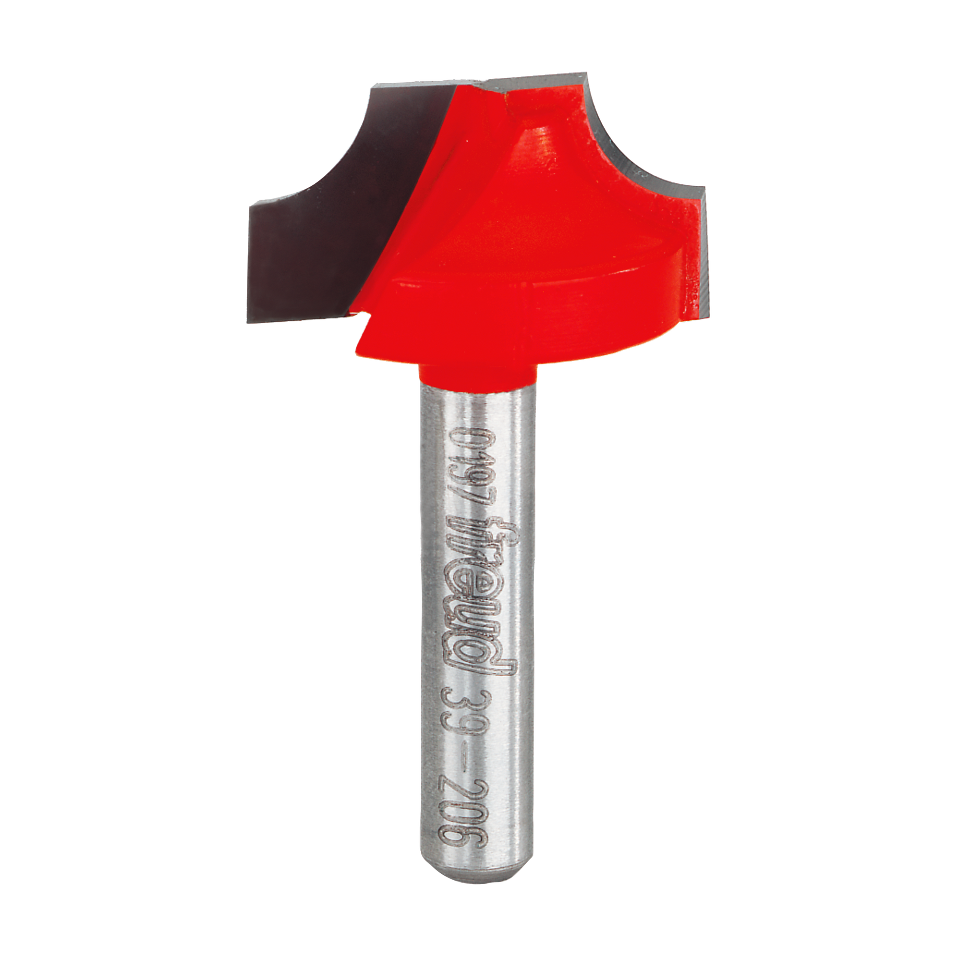Red and black router bit with rounded ovolo cutting head and silver metal shank marked with Freud branding.