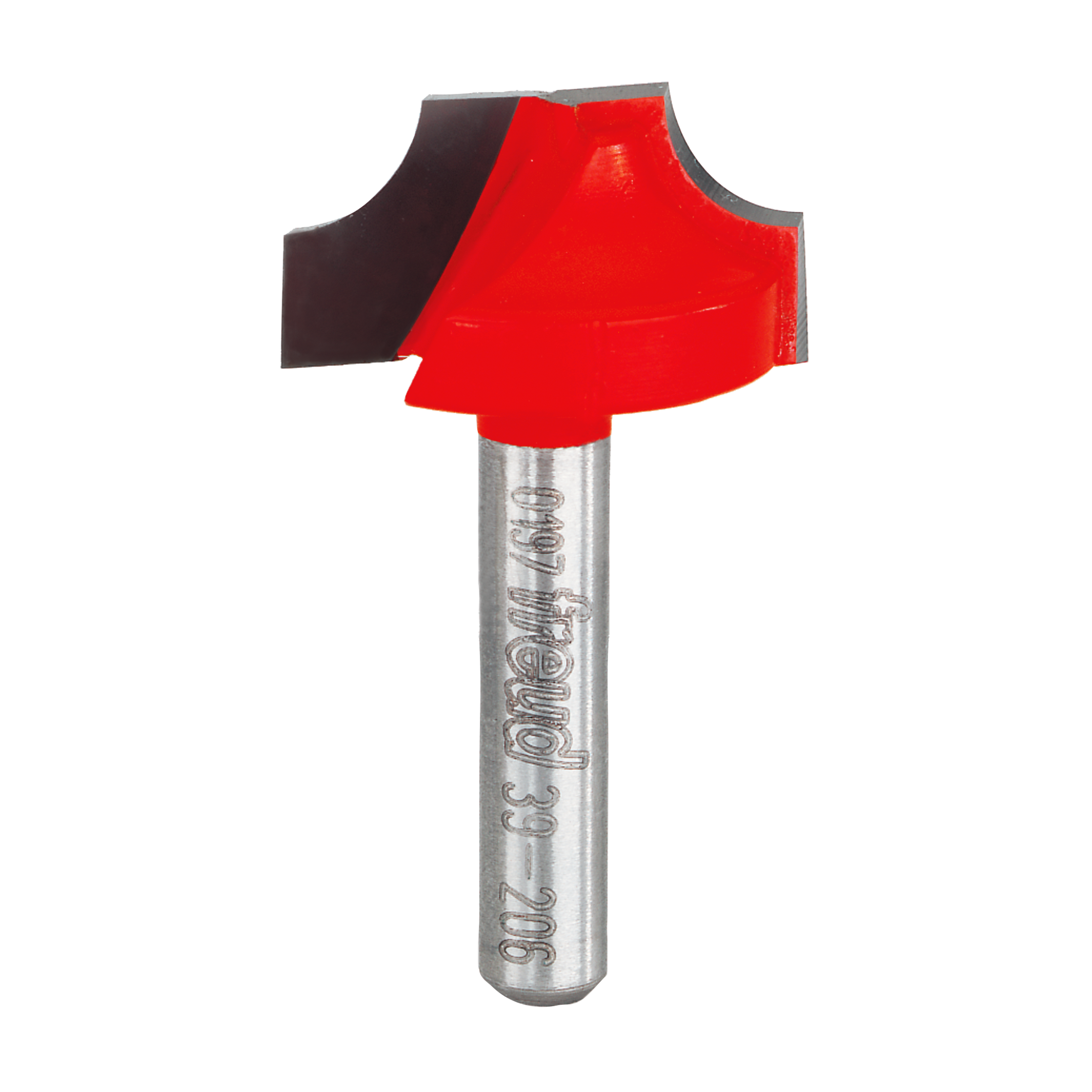 Red and black router bit with rounded ovolo cutting head and silver metal shank marked with Freud branding.