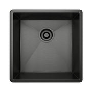 Black stainless steel single bowl undermount sink with drain hole, viewed from above.