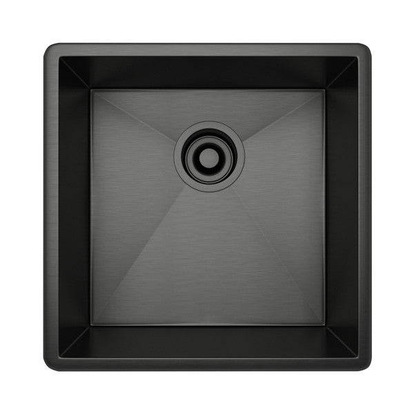 Black stainless steel single bowl undermount sink with drain hole, viewed from above.