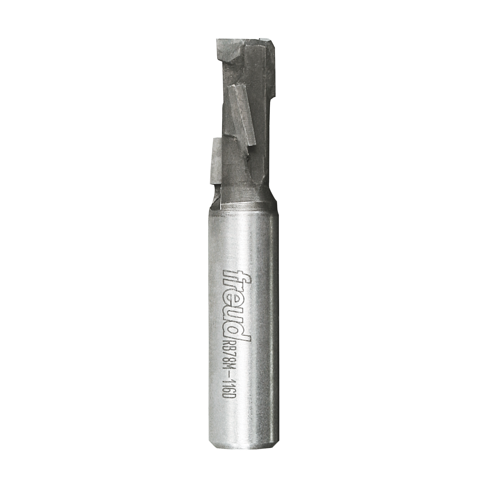 Freud diamond compression router bit with cylindrical shank and dark cutting head on white background.