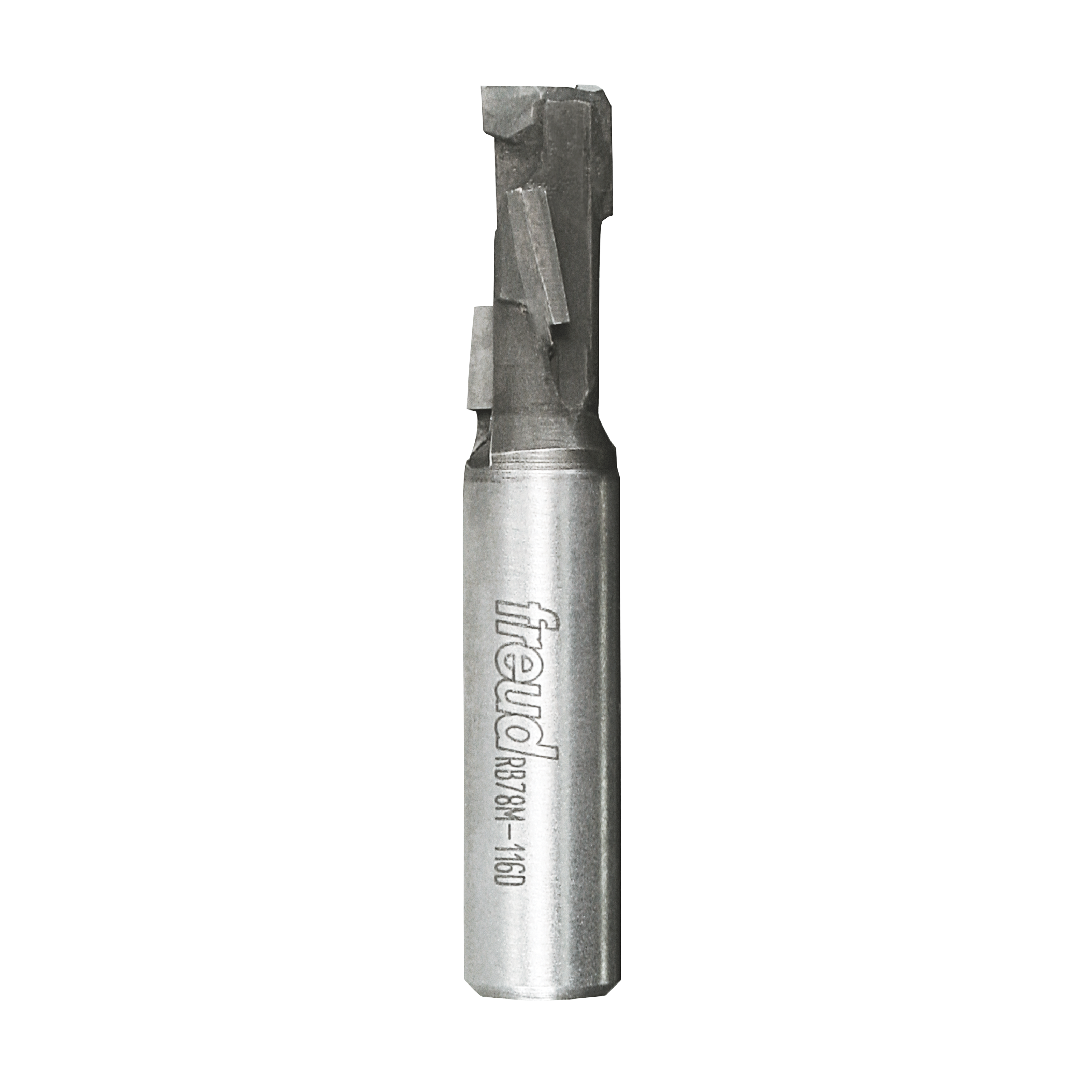 Freud diamond compression router bit with cylindrical shank and dark cutting head on white background.