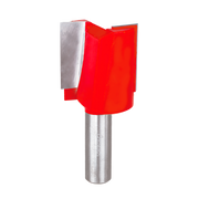 Red and silver straight router bit with two flutes and cylindrical shank.
