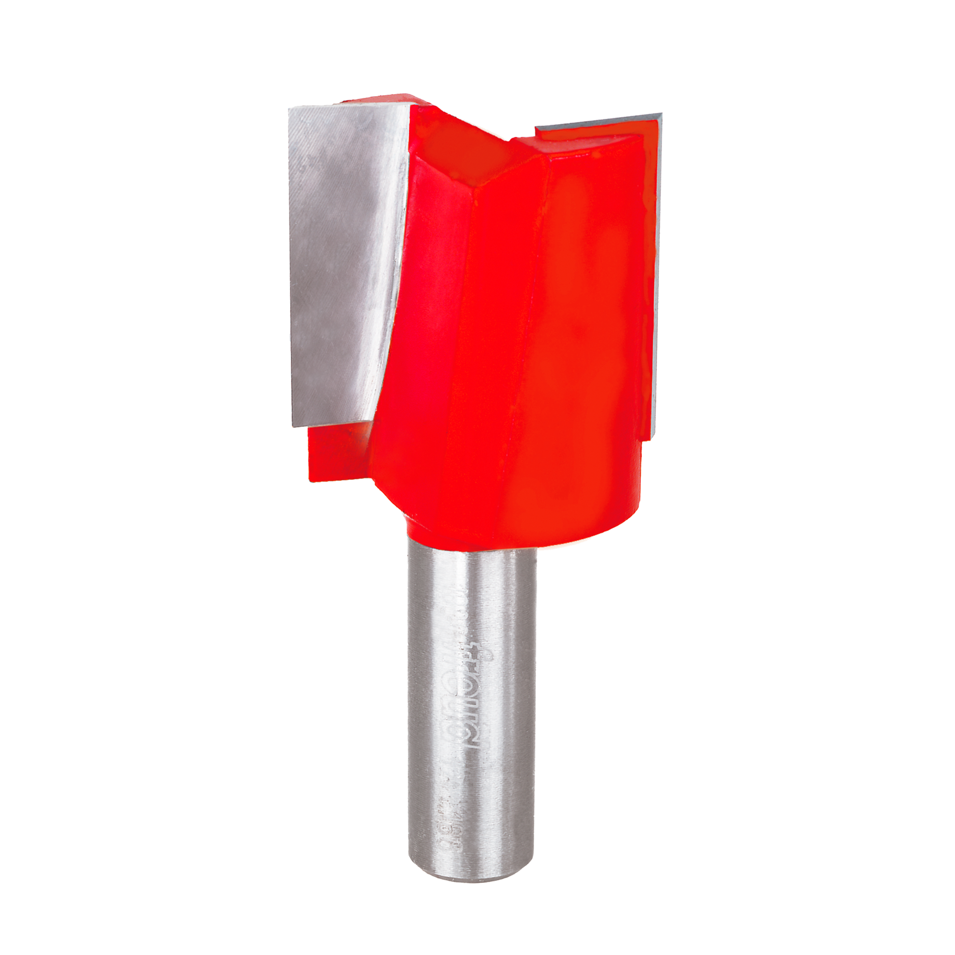 Red and silver straight router bit with two flutes and cylindrical shank.