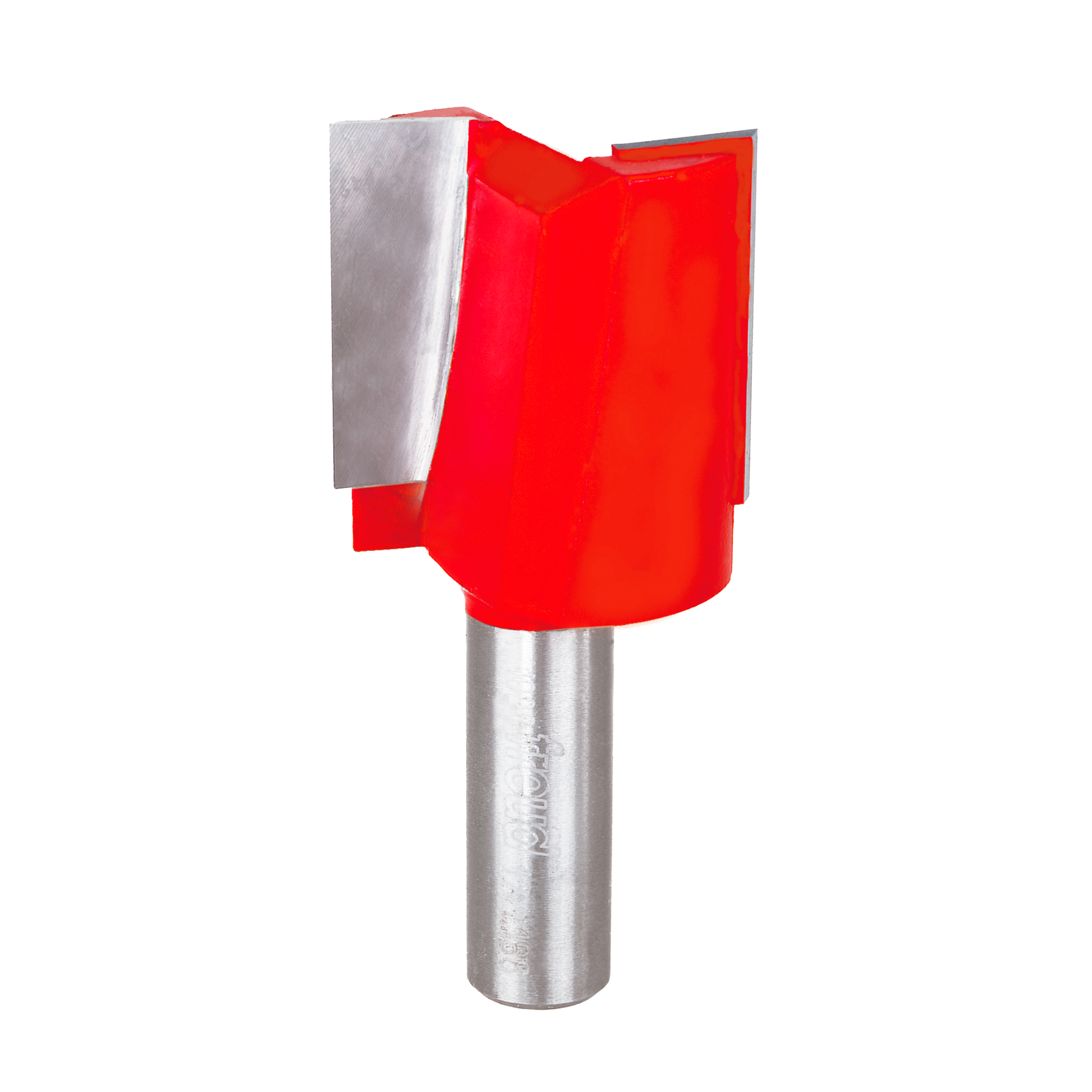 Red and silver straight router bit with two flutes and cylindrical shank.