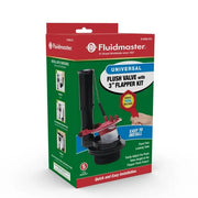 Fluidmaster universal flush valve with 3-inch flapper kit in red and black packaging.