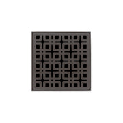 Square oil rubbed bronze drain grate with geometric linked pattern design.