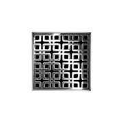 Polished stainless steel square drain grate with geometric pattern and center drain opening.