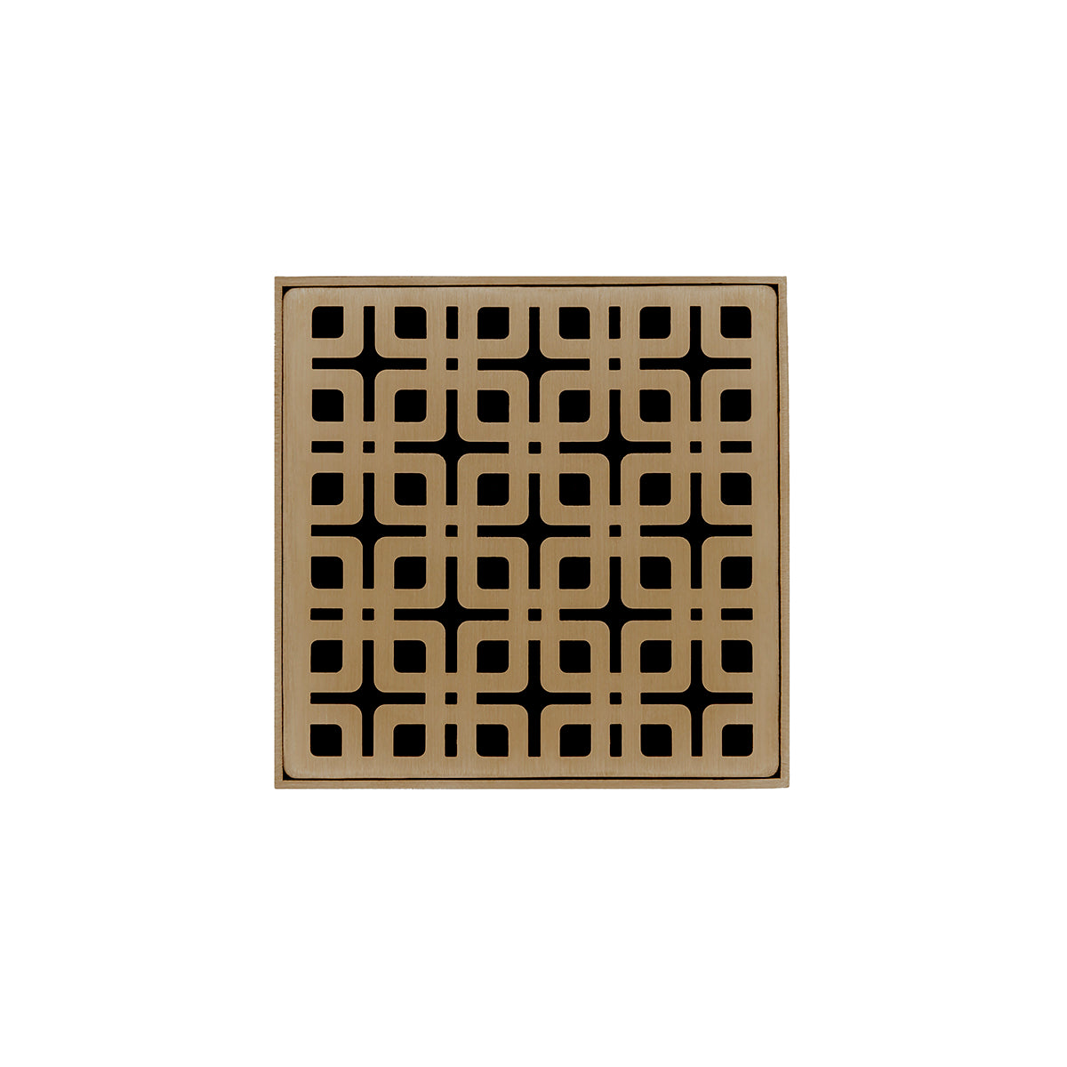 Square satin bronze drain grate with geometric pattern and center drain opening.