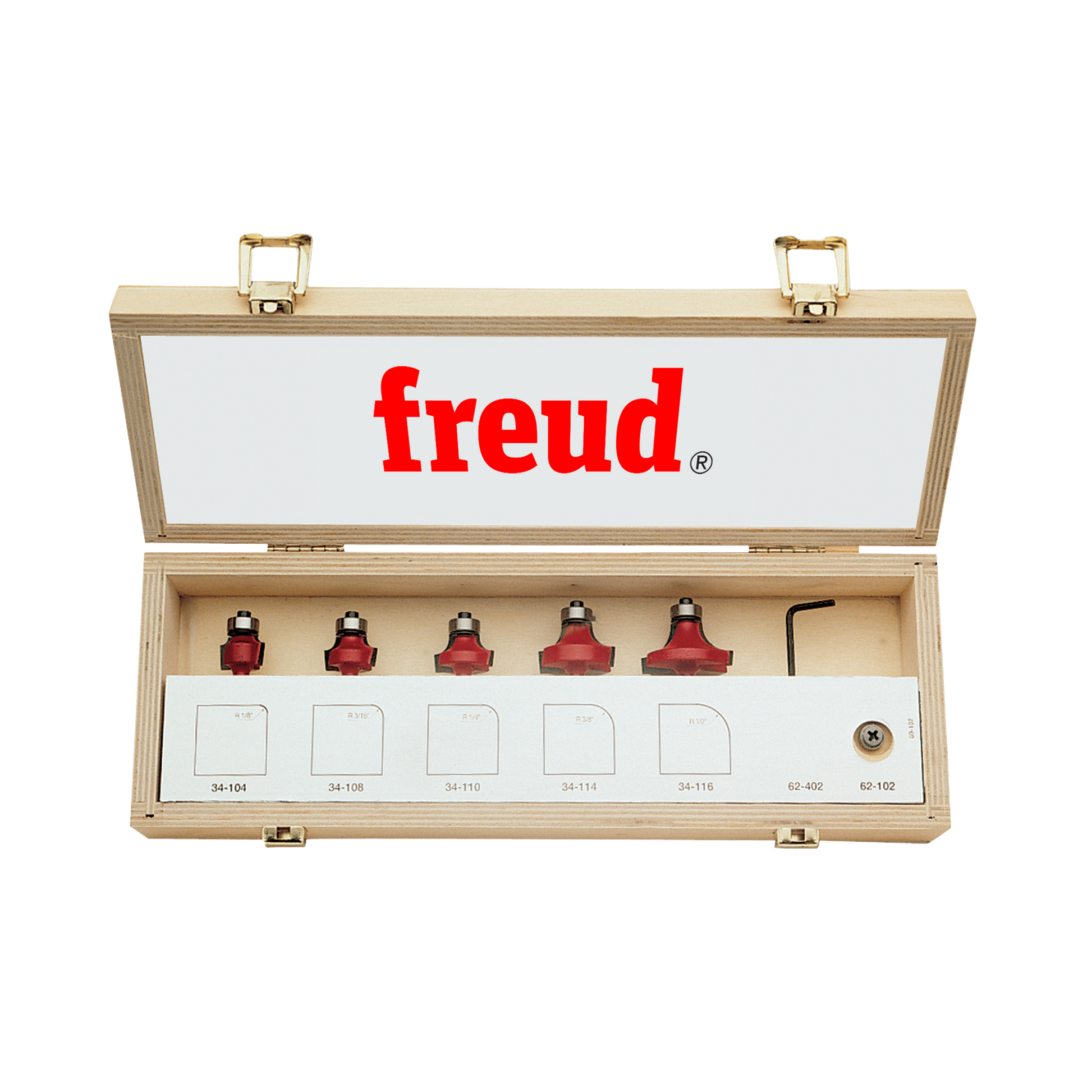 Freud 5-piece round over/beading bit set with red carbide cutters and 1/4" shank in wooden case.