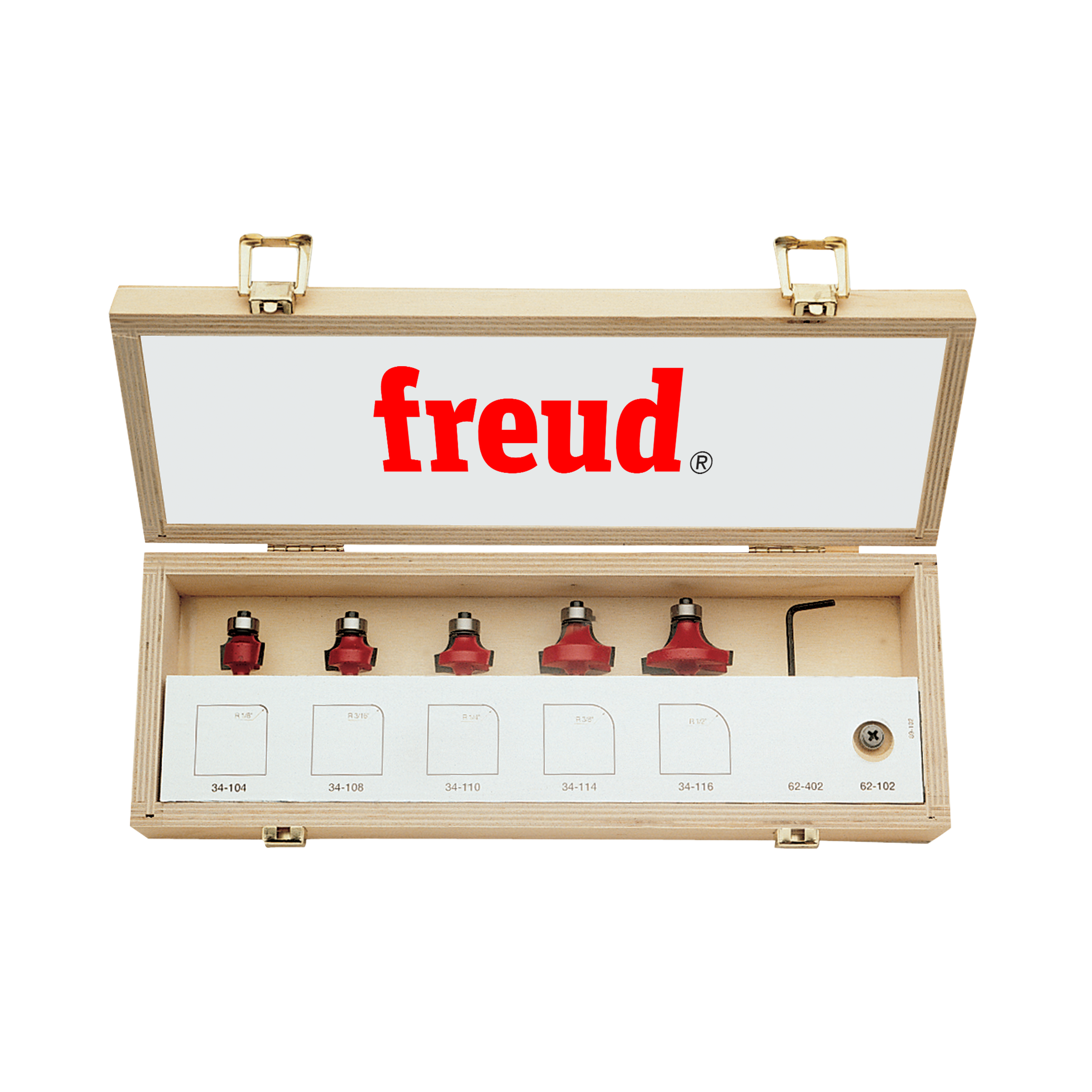 Freud 5-piece round over/beading bit set with red carbide cutters and 1/4" shank in wooden case.