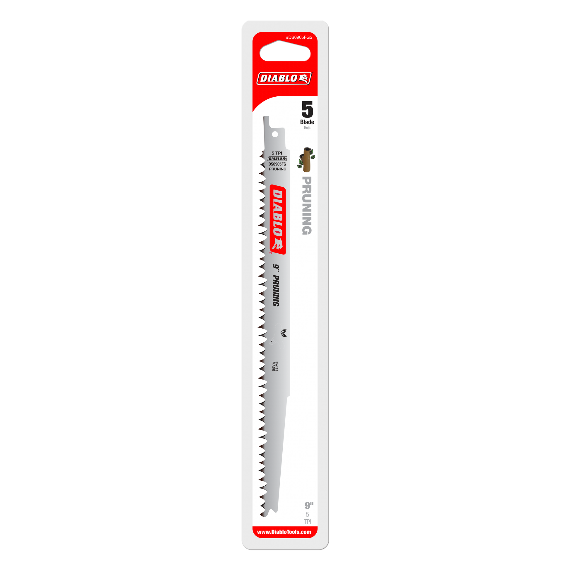 Five 9-inch Diablo reciprocating saw blades with fleam ground teeth on white packaging card.