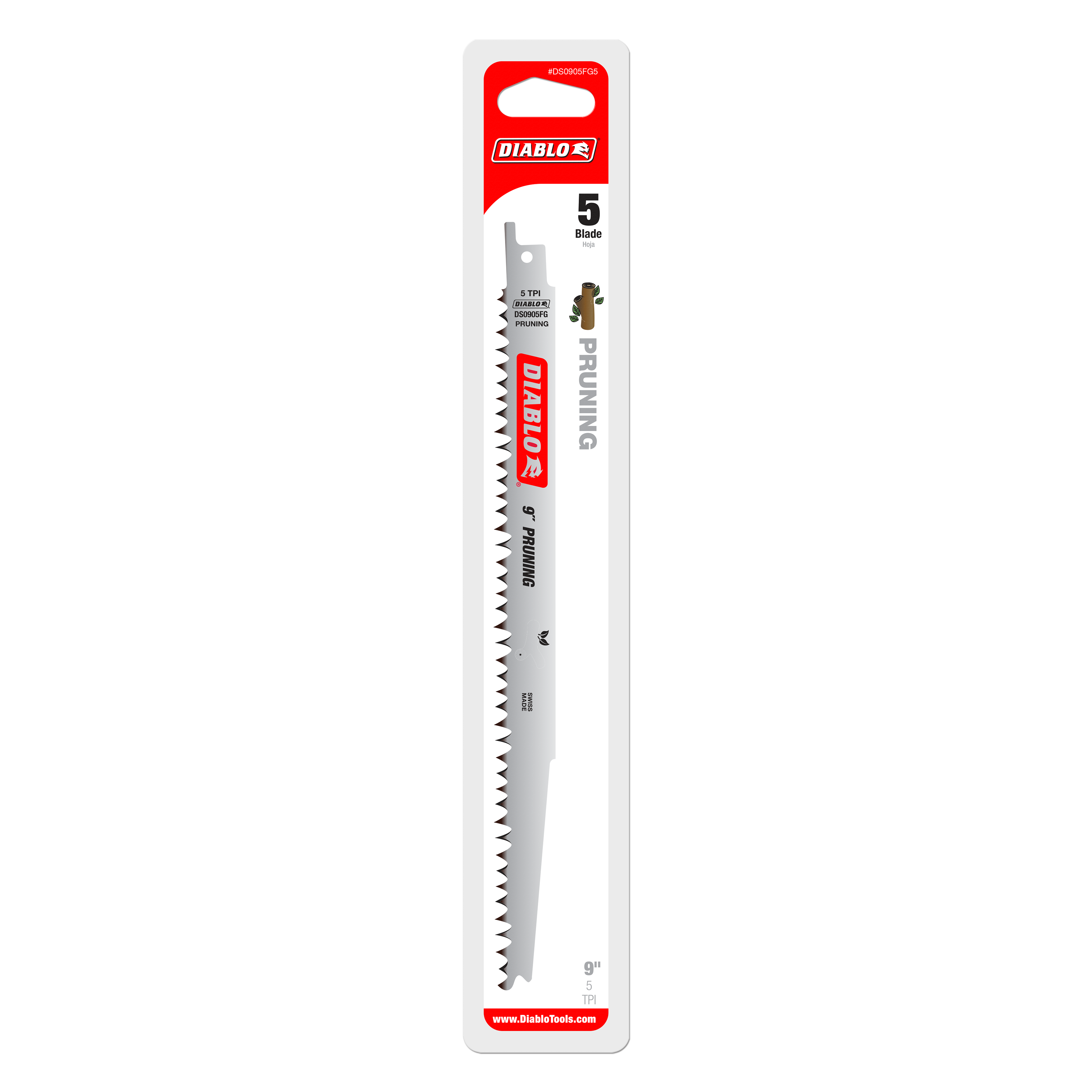 Five 9-inch Diablo reciprocating saw blades with fleam ground teeth on white packaging card.