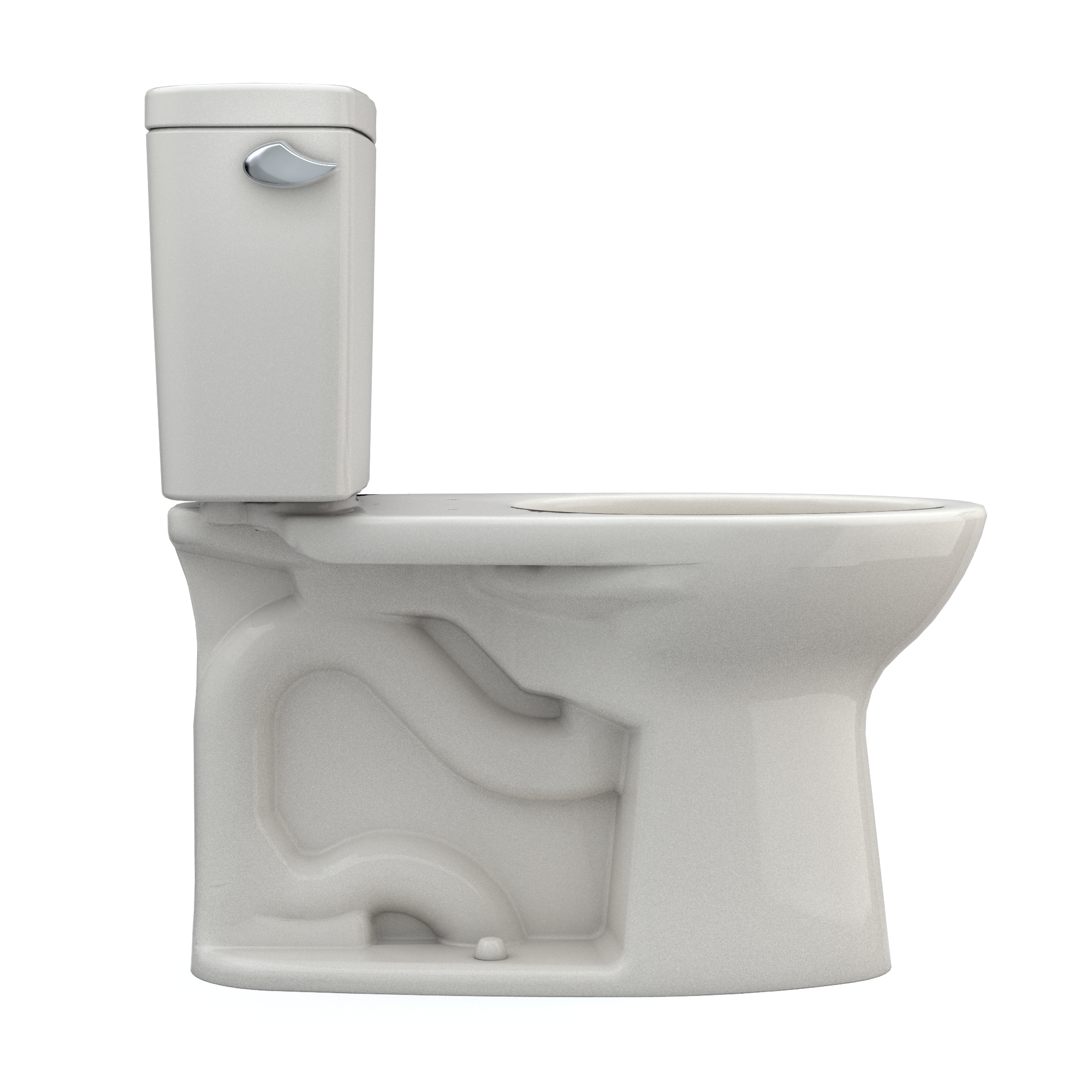 Two-piece elongated toilet in beige with separate tank and bowl featuring curved design.