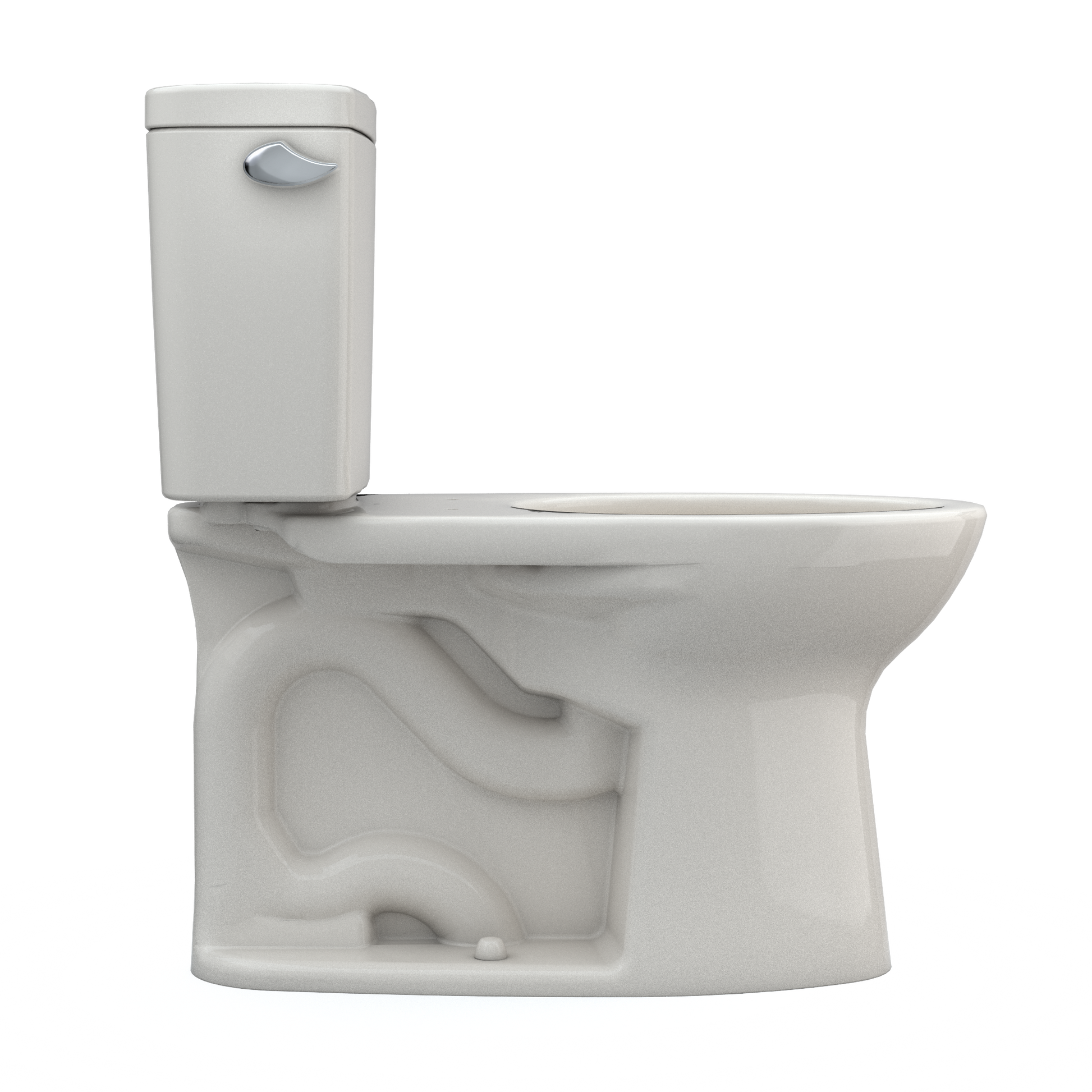 Beige two-piece elongated toilet with separate tank, curved bowl, and lever flush handle.