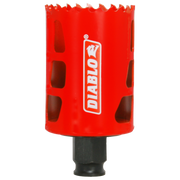 Red Diablo hole saw with serrated cutting edge and black shank attachment.