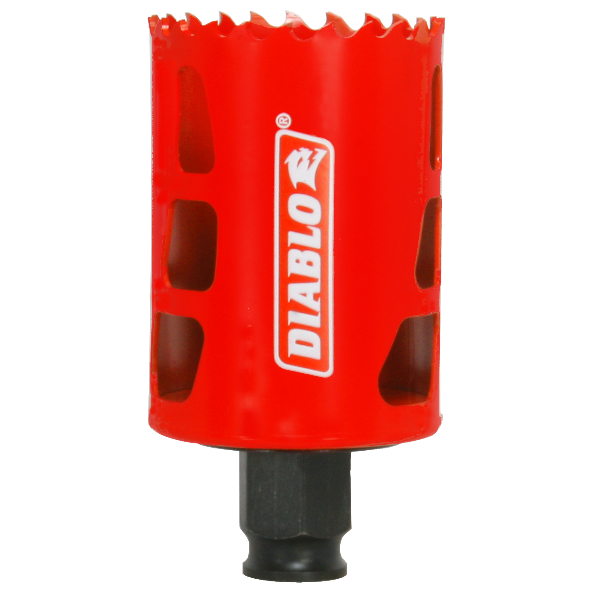 Red Diablo hole saw with serrated cutting edge and black shank attachment.