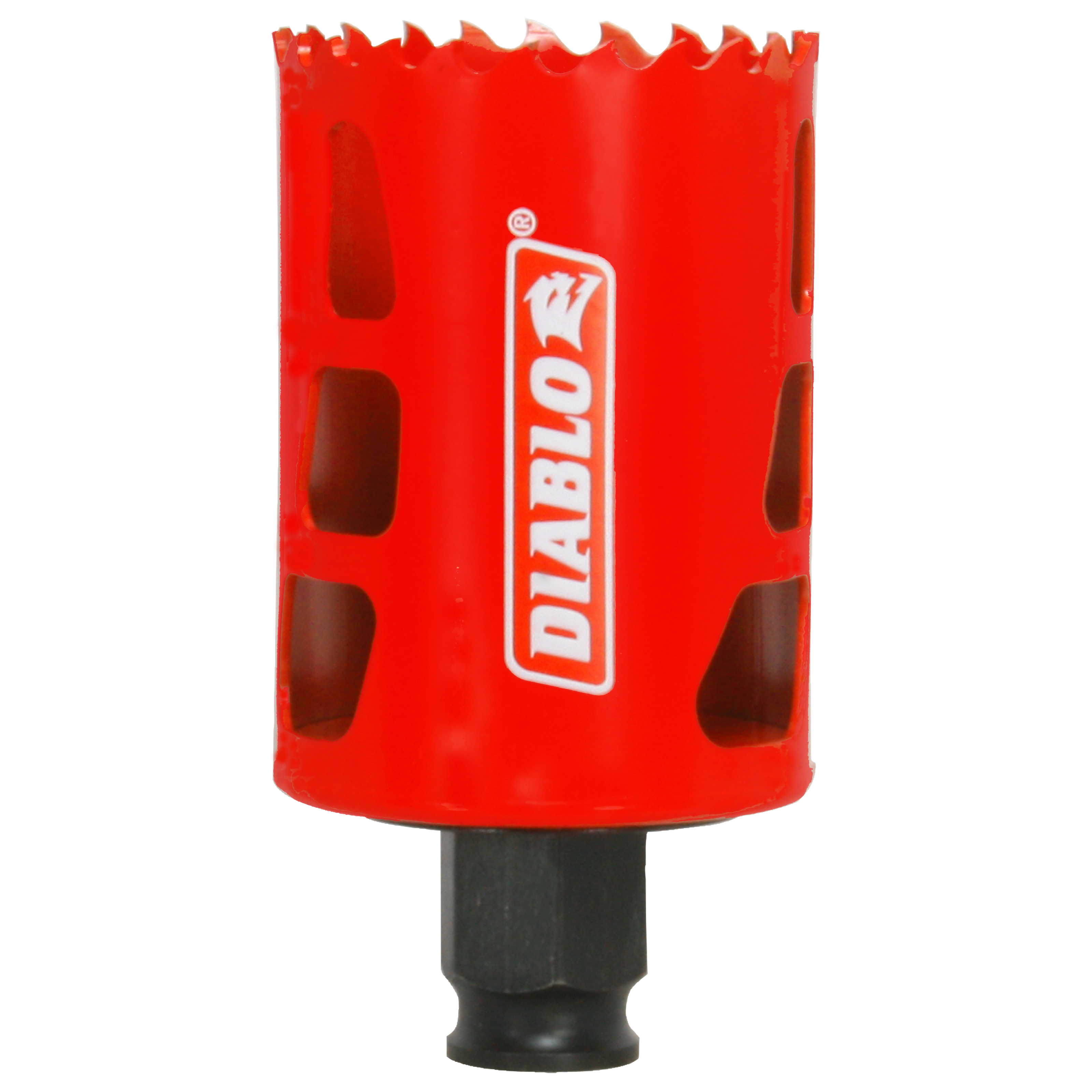 Red Diablo hole saw with serrated cutting edge and black shank attachment.