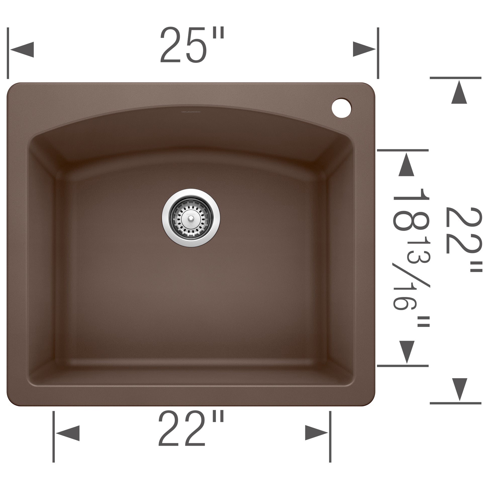 Cafe brown single bowl drop-in kitchen sink with chrome drain, 25" wide by 22" deep by 8.13" deep.