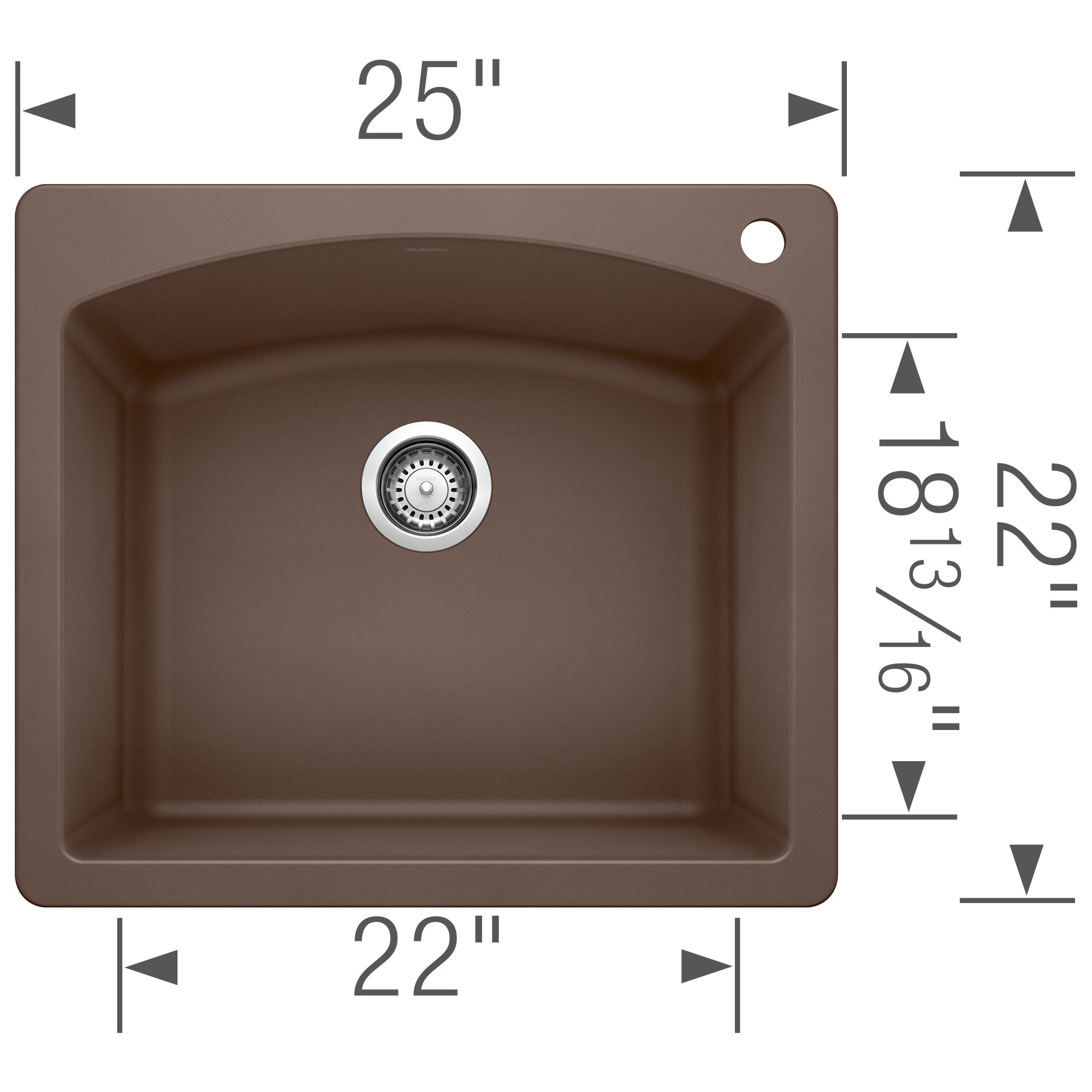 Cafe brown single bowl drop-in kitchen sink with chrome drain, 25" wide by 22" deep by 8.13" deep.